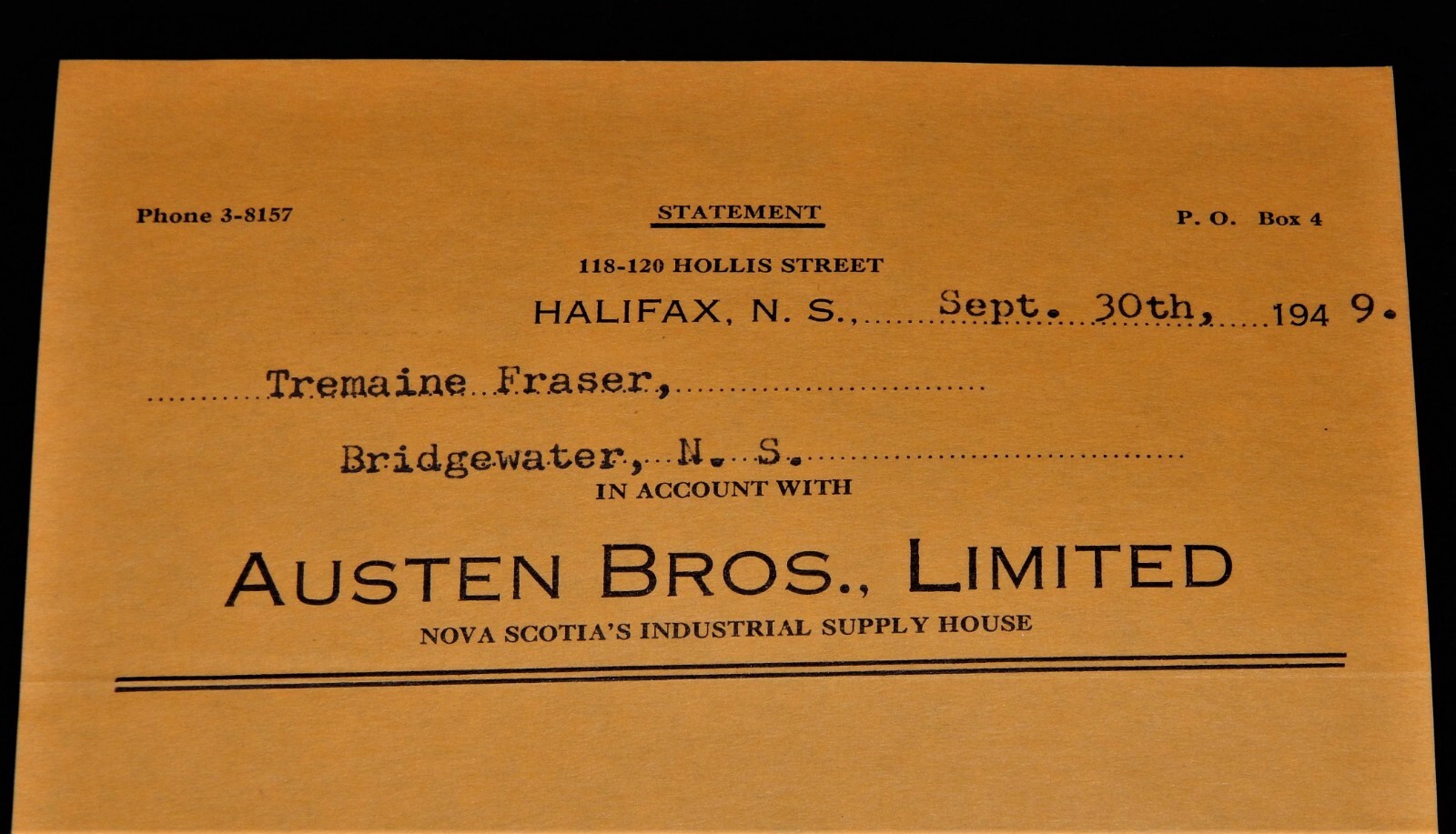 Vintage Receipt, HALIFAX, NS, CANADA, 1949, Austen Bros. Ltd Machinery & Supply