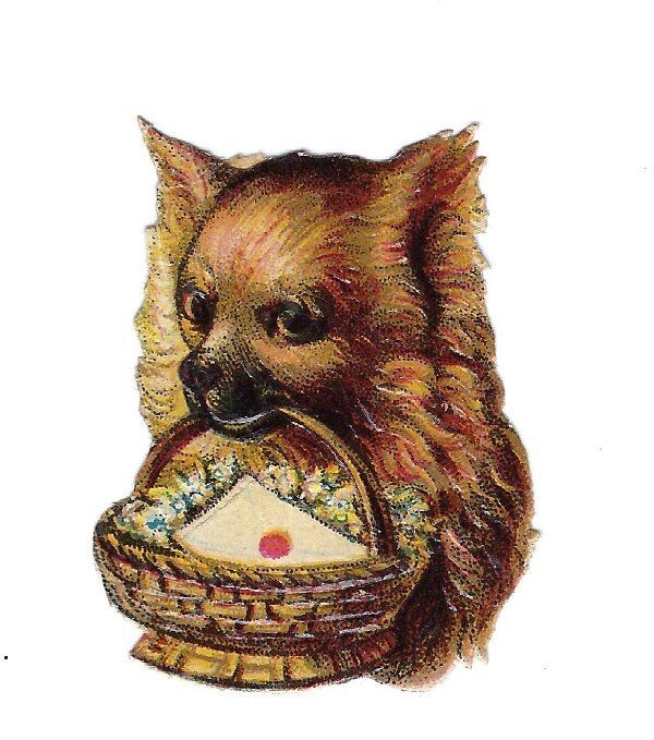 1888 Victorian Chromo, PUPPY DOG BASKET LOVENOTE, Antique Die-Cut Scrap, 1-3/4\
