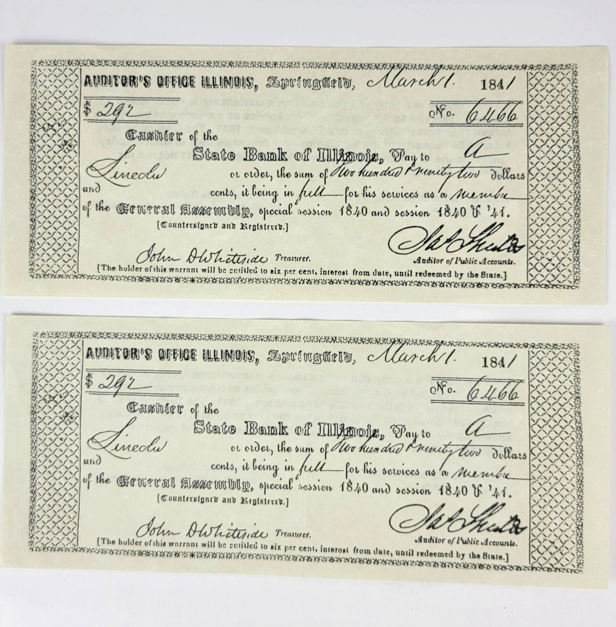 Vintage Abraham Lincoln 1841 Illinois General Assembly Pay Document Souvenir Set