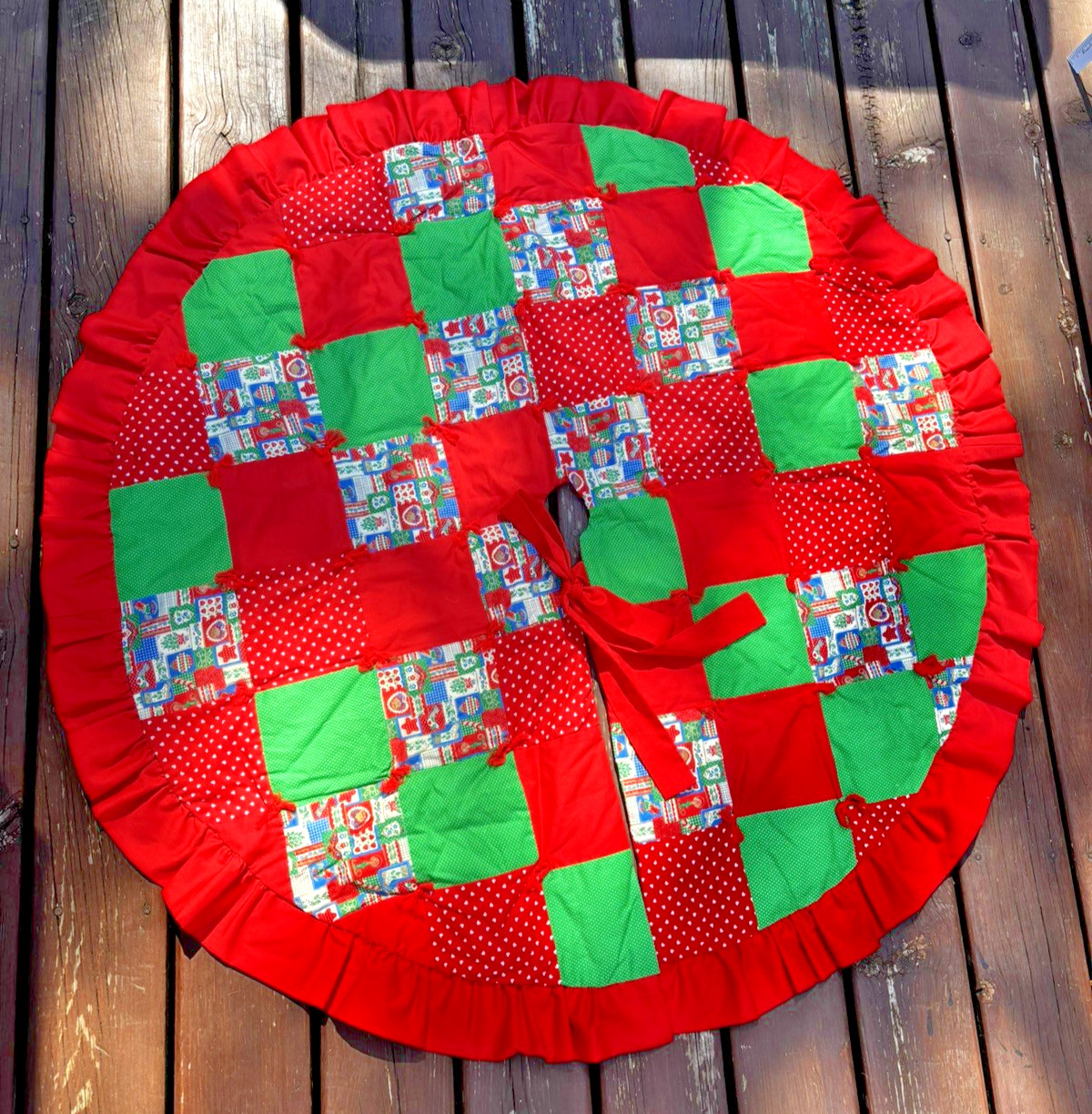 Vtg Grandma's Homemade Patchwork Quilted Christmas Tree Skirt 48” Ruffled Tie Vtg Grandma's Homemade Patchwork Quilted Christmas Tree Skirt 48” Ruffled Tie