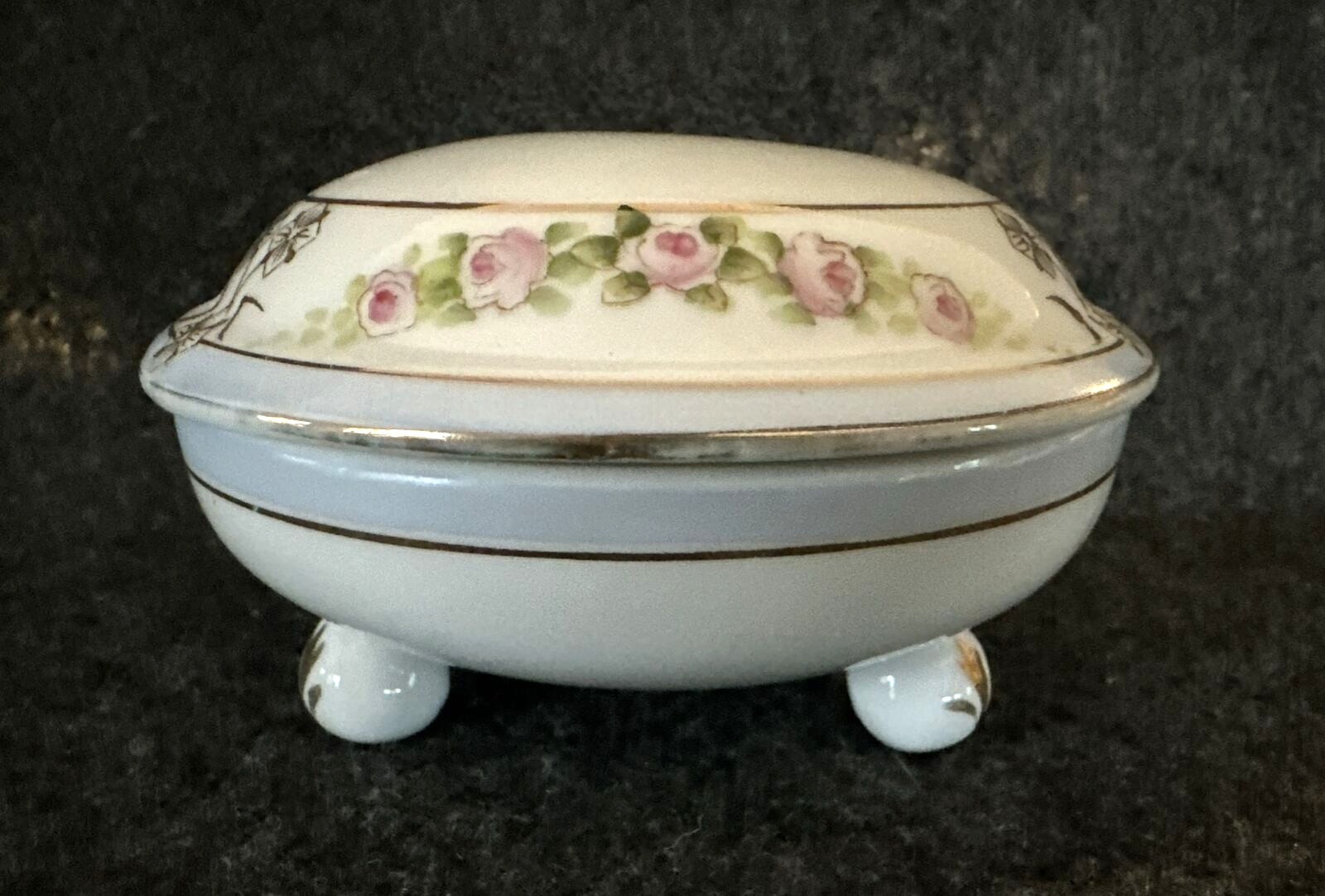 Antique NIPPON Rising Sun Hand Painted Three Footed Covered Dresser Trinket Jar