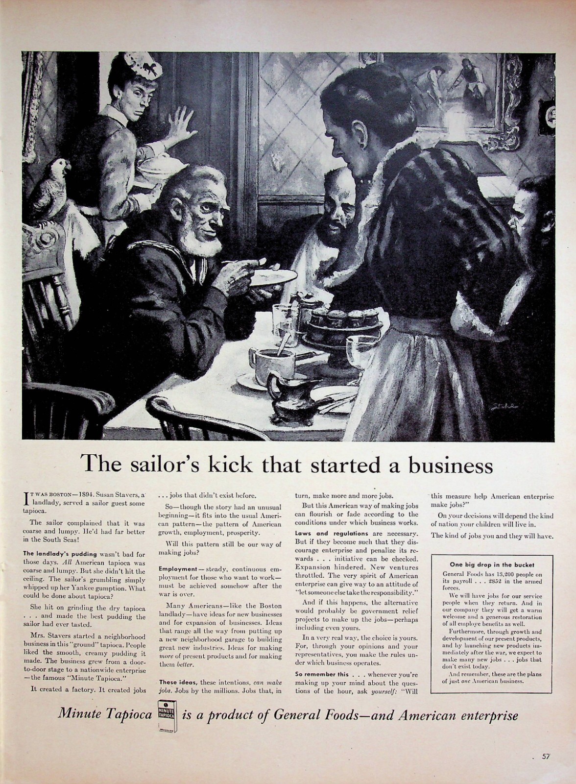 1944 General Foods Minute Tapioca Sailor's Started Business Vintage 40s Print Ad