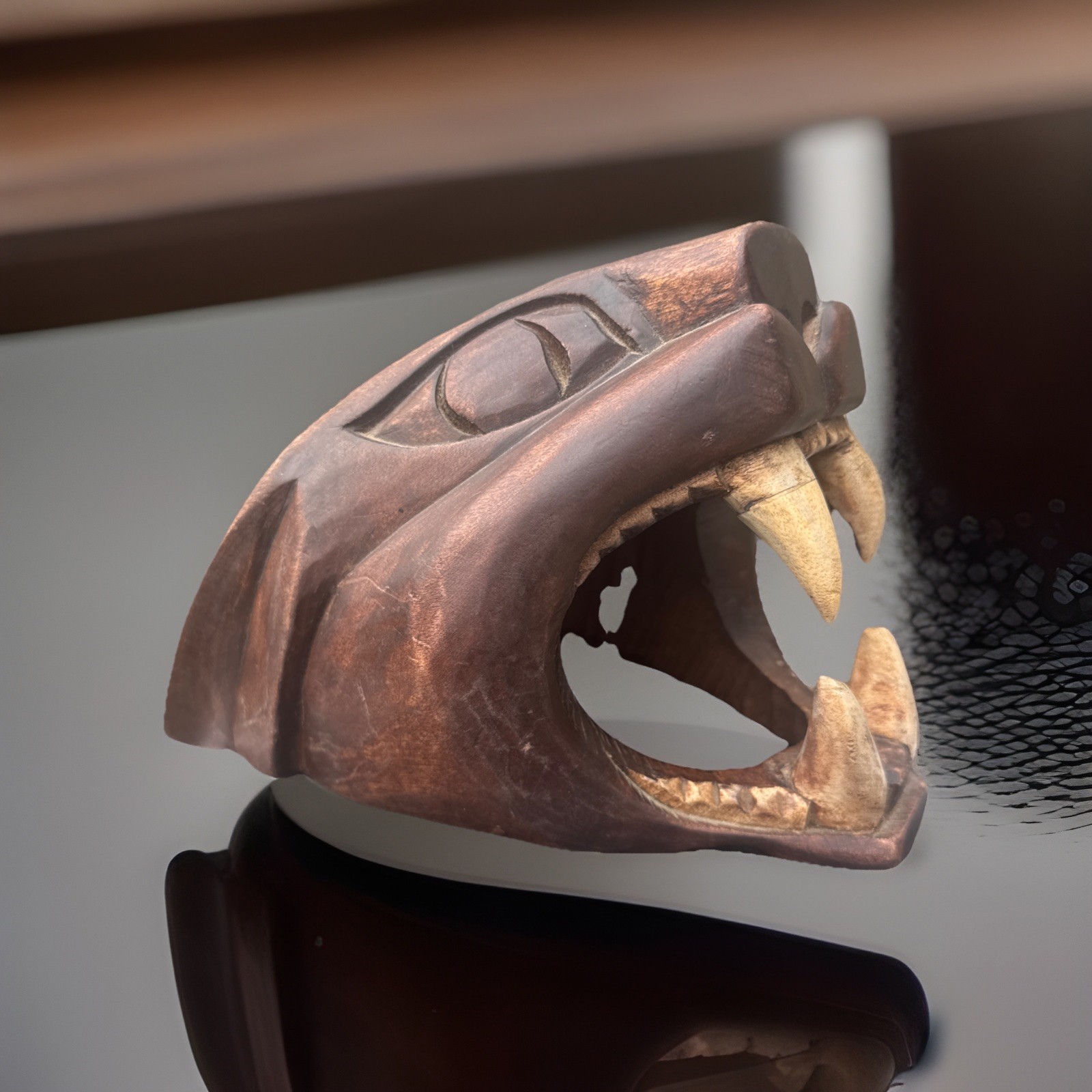 Solid Wood Large Hand Carved Brown Large Jaguar Cougar Panther Head Sculpture