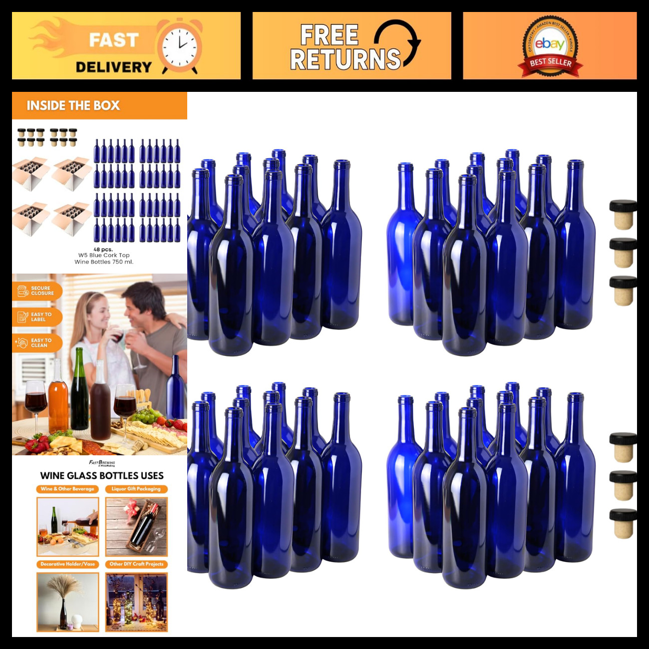 750ml Cobalt Blue Wine Bottles with Corks - 48-Pack Bordeaux Style Glass Bottles