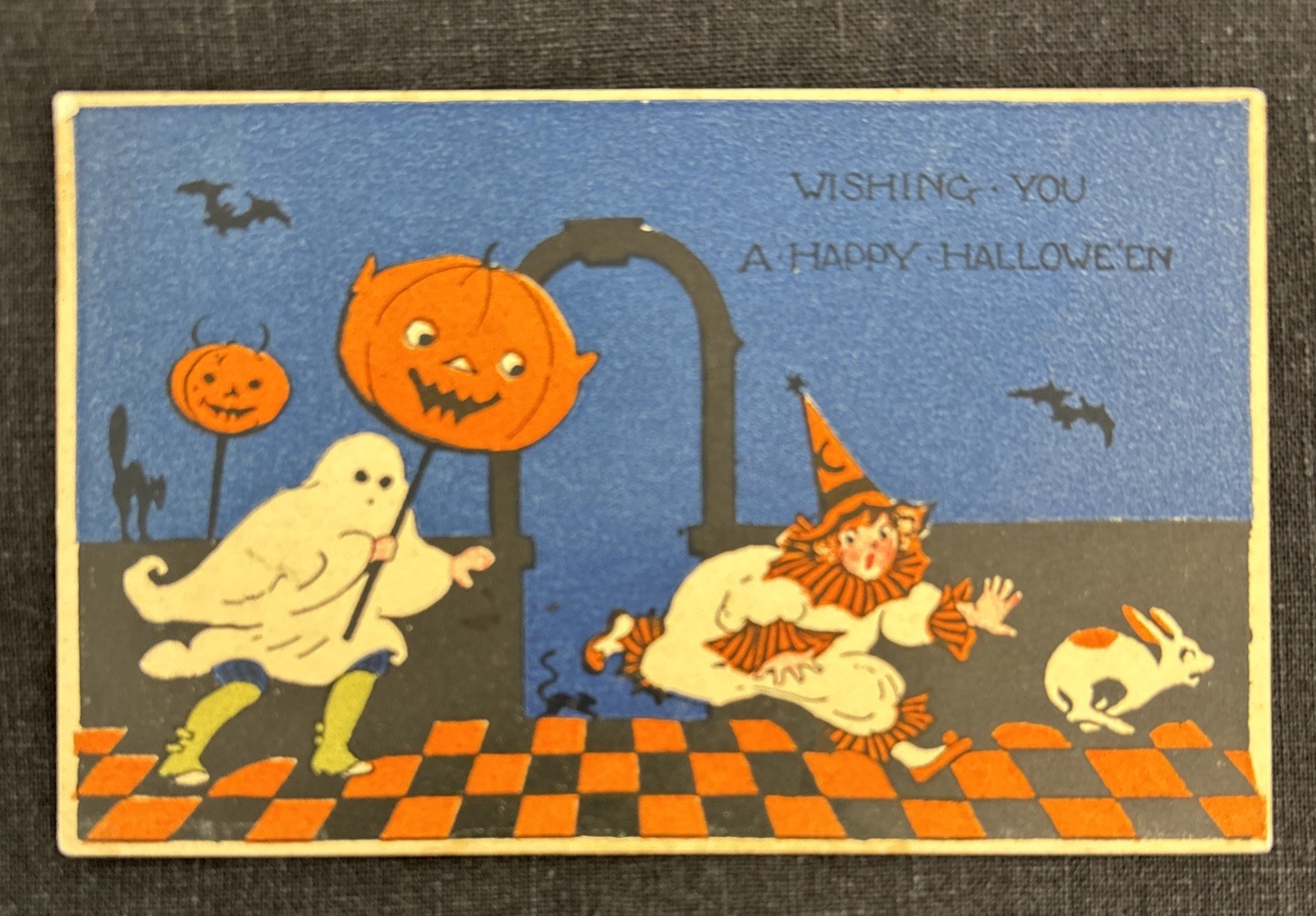 Vintage 1925 Halloween Postcard Gibson Running Clown Ghost Bat Cat Dog Antique Vintage 1925 Halloween Postcard Gibson Running Clown Ghost Bat Cat Dog Antique
