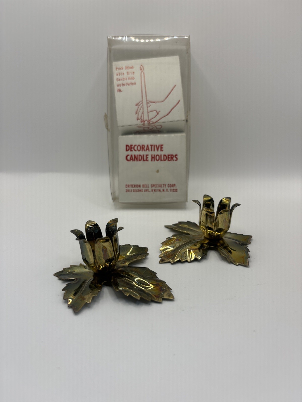 Vintage Brass-Tone Leaf Candle Holders Pair w/ Original Box Criterion Bell NYC Vintage Brass-Tone Leaf Candle Holders Pair w/ Original Box Criterion Bell NYC