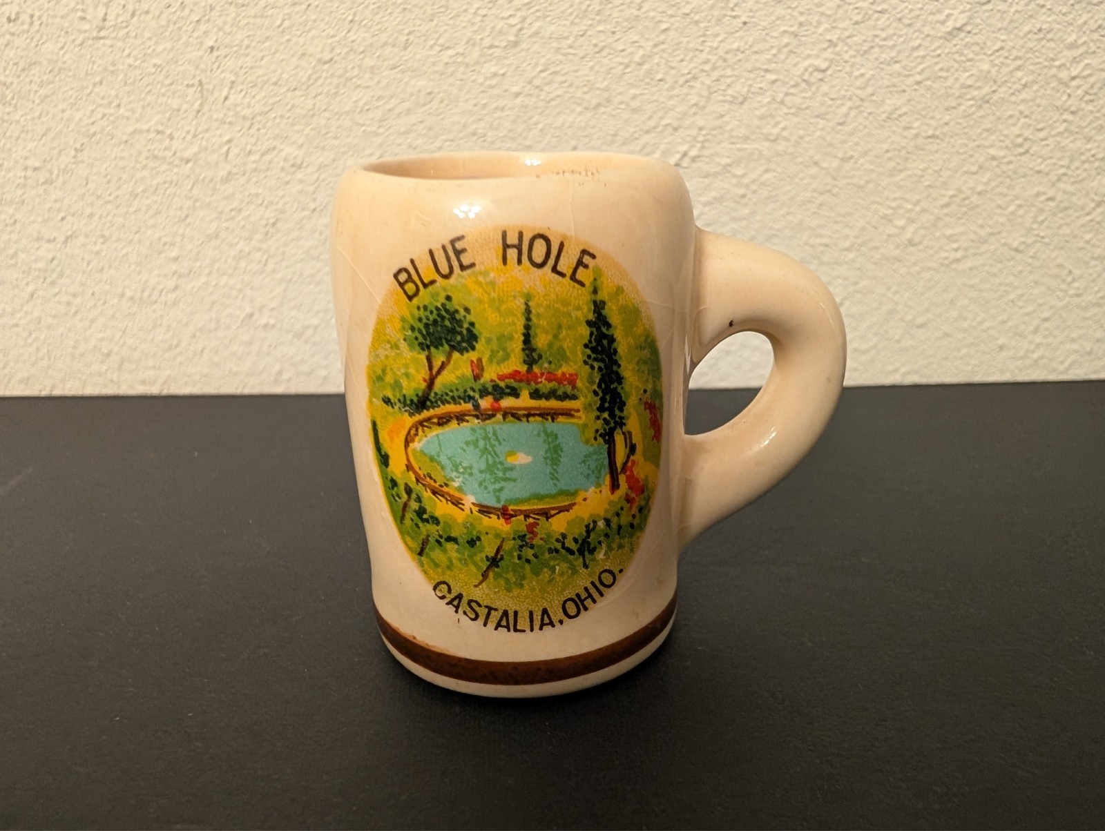 Vtg Blue Hole Castalia Ohio Souvenir Toothpick Holder Miniature Mug w/ Crazing