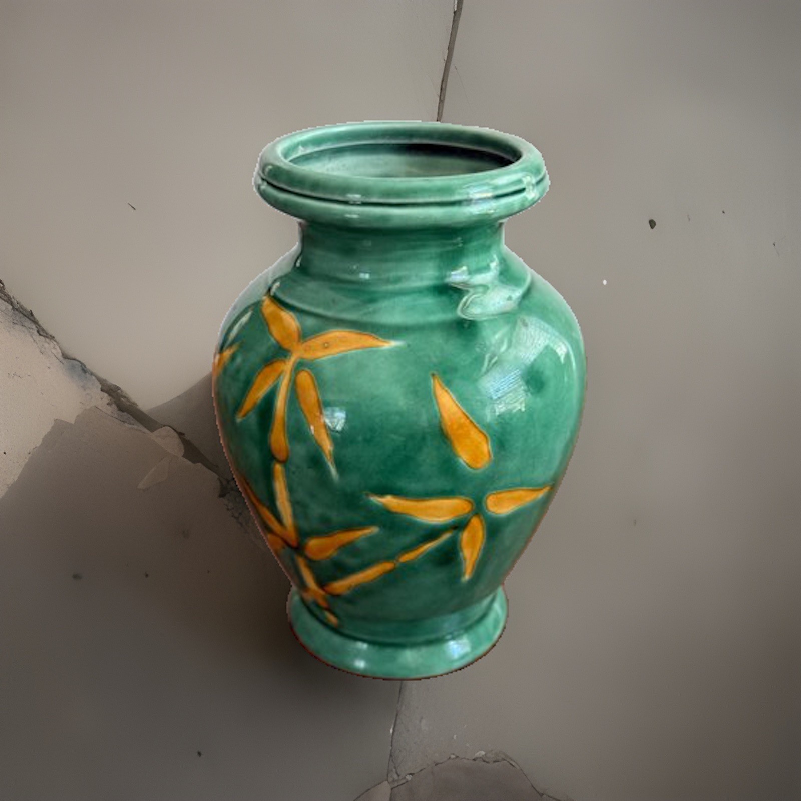 Vintage Green Ceramic Vase with Yellow Floral Design