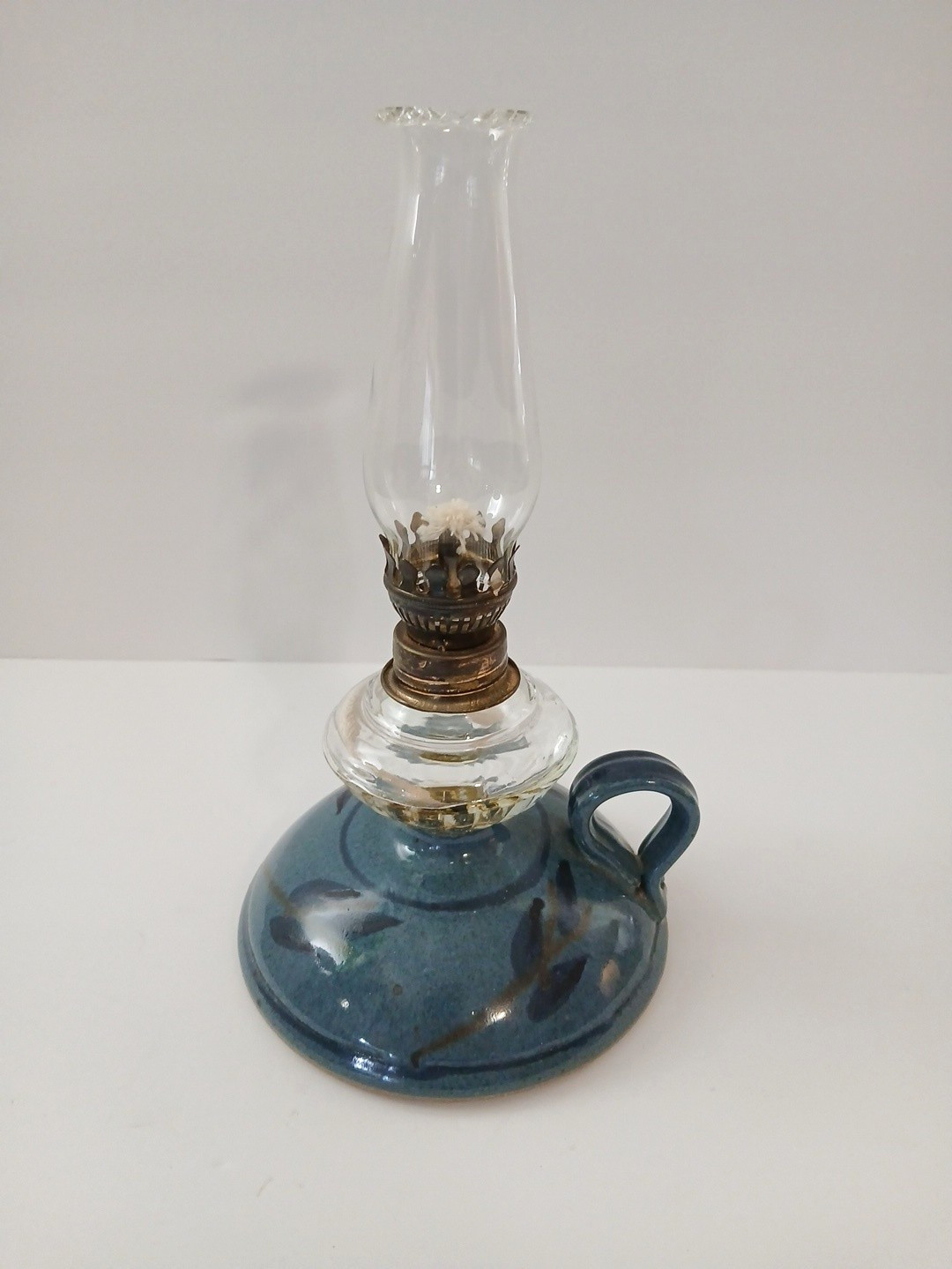 Vintage Studio Pottery Finger Oil Lamp Blue Ceramic Ruffled Glass Shade 9.5\