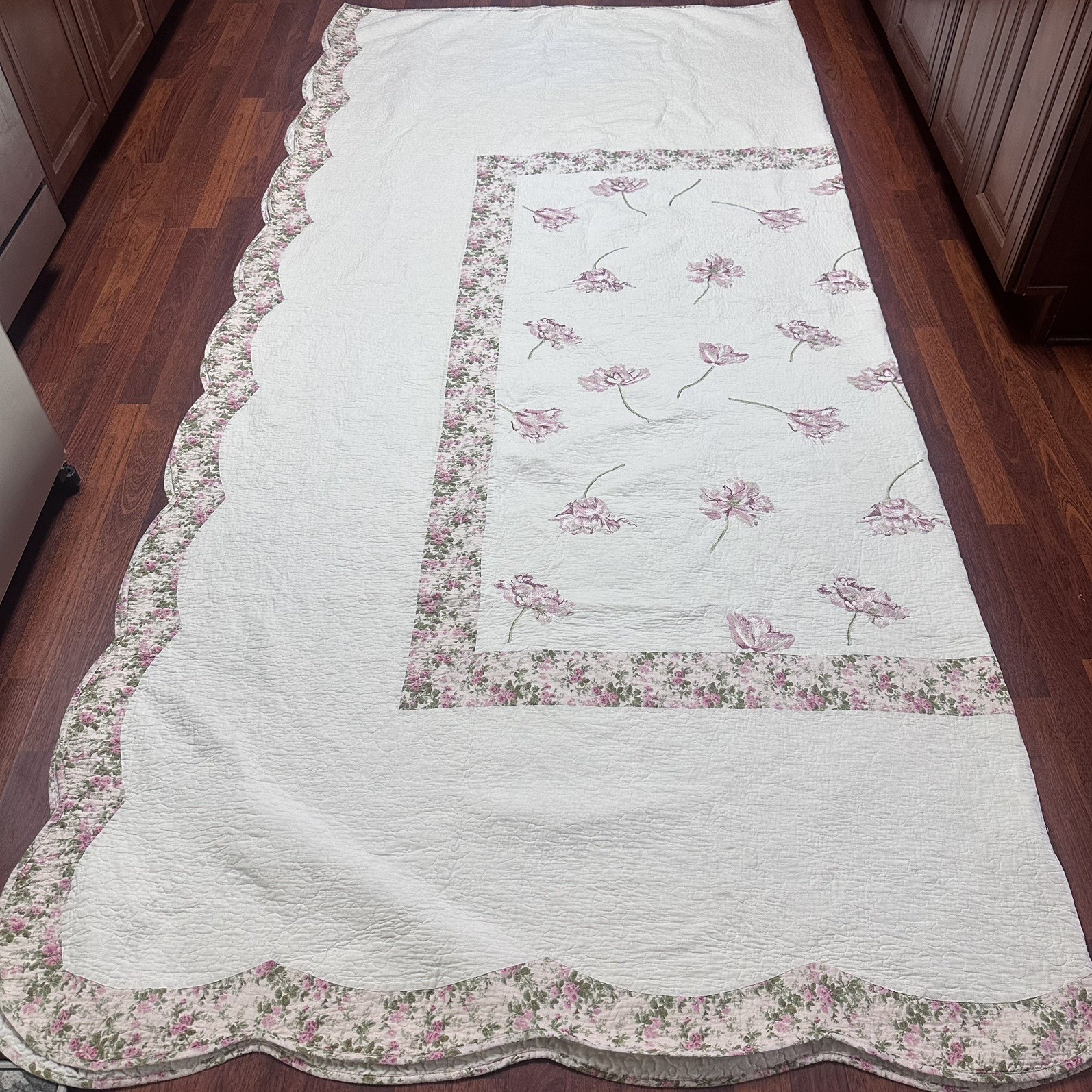 Vtg Cannon Queen Quilt Bedspread White Pink Rose Floral Embroidered Cottagecore