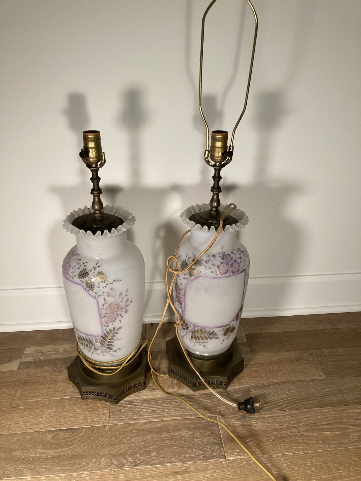 VTG Pair Hand Painted Milk Glass Lamps Brass Filigree Base Victorian-UNTESTED