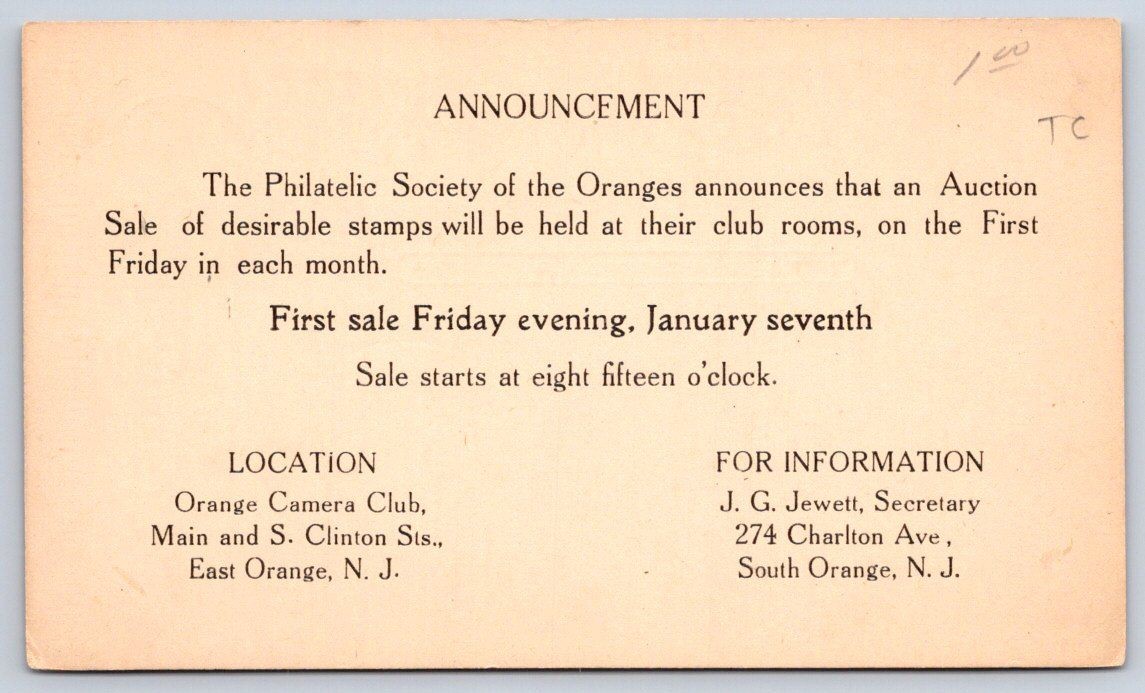 Philatelic Society of the Oranges Auction Sale Announcement 1920