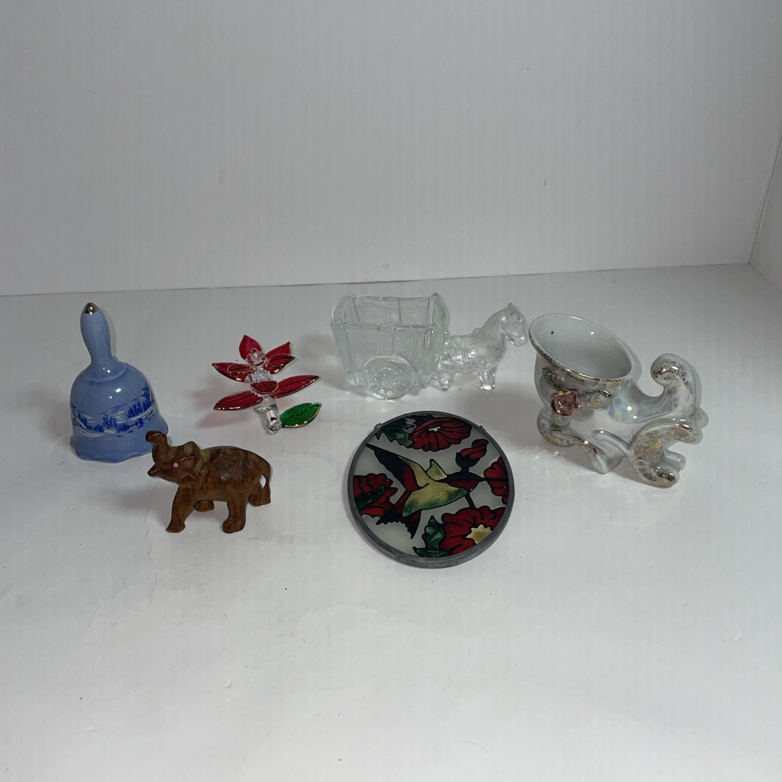 Vtg Mixed Lot Of 6 Miniature Ceramic & Wooden Items, Vases, Figurines, Bell