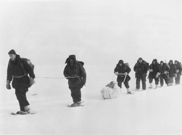 Group military civilian volunteers making their way through sno- 1956 Old Photo Group military civilian volunteers making their way through sno- 1956 Old Photo