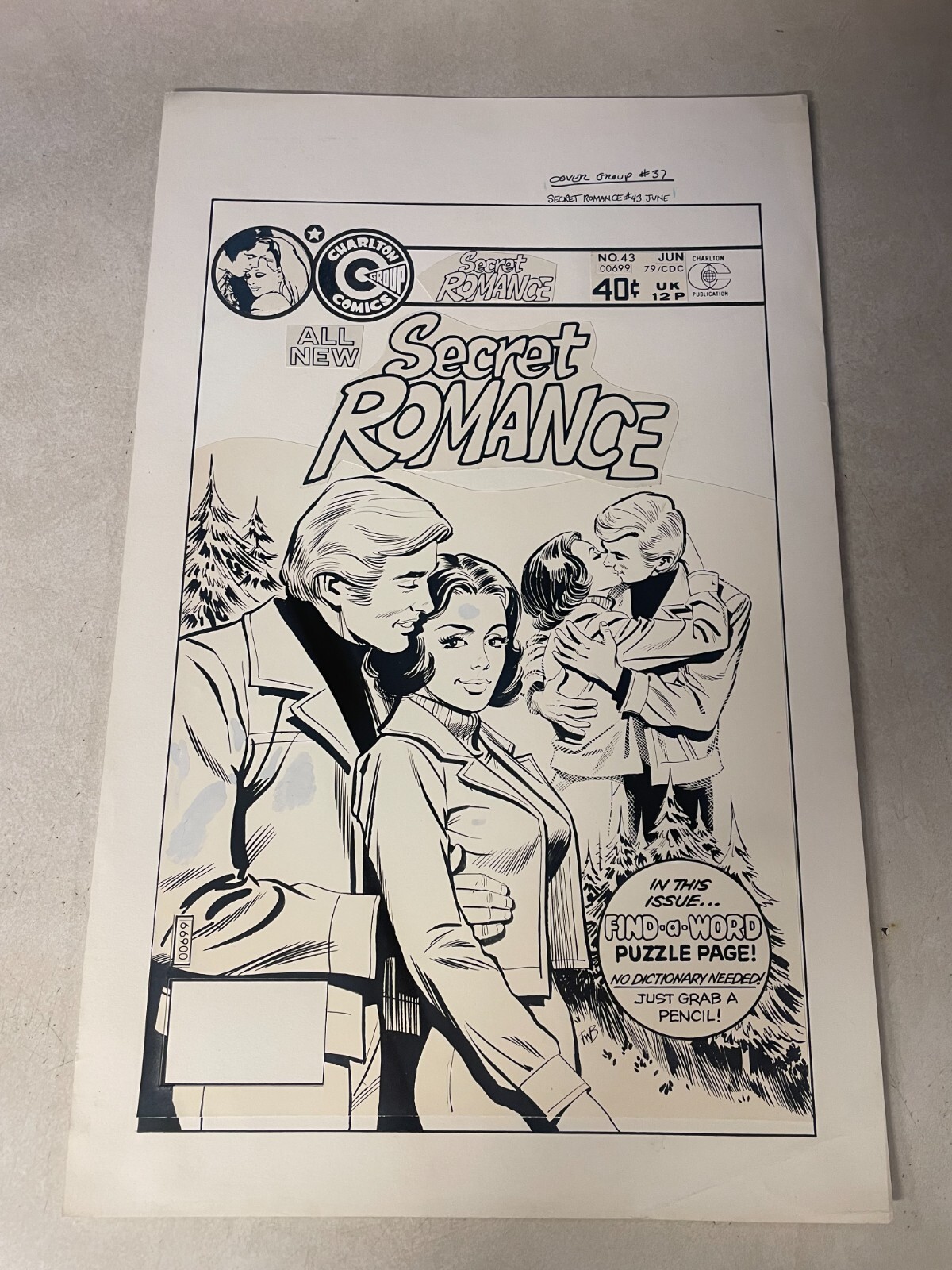 SECRET ROMANCE #43 COVER comic ART prod stats 1979 FRANK BOLLE KISSING FOREST 
