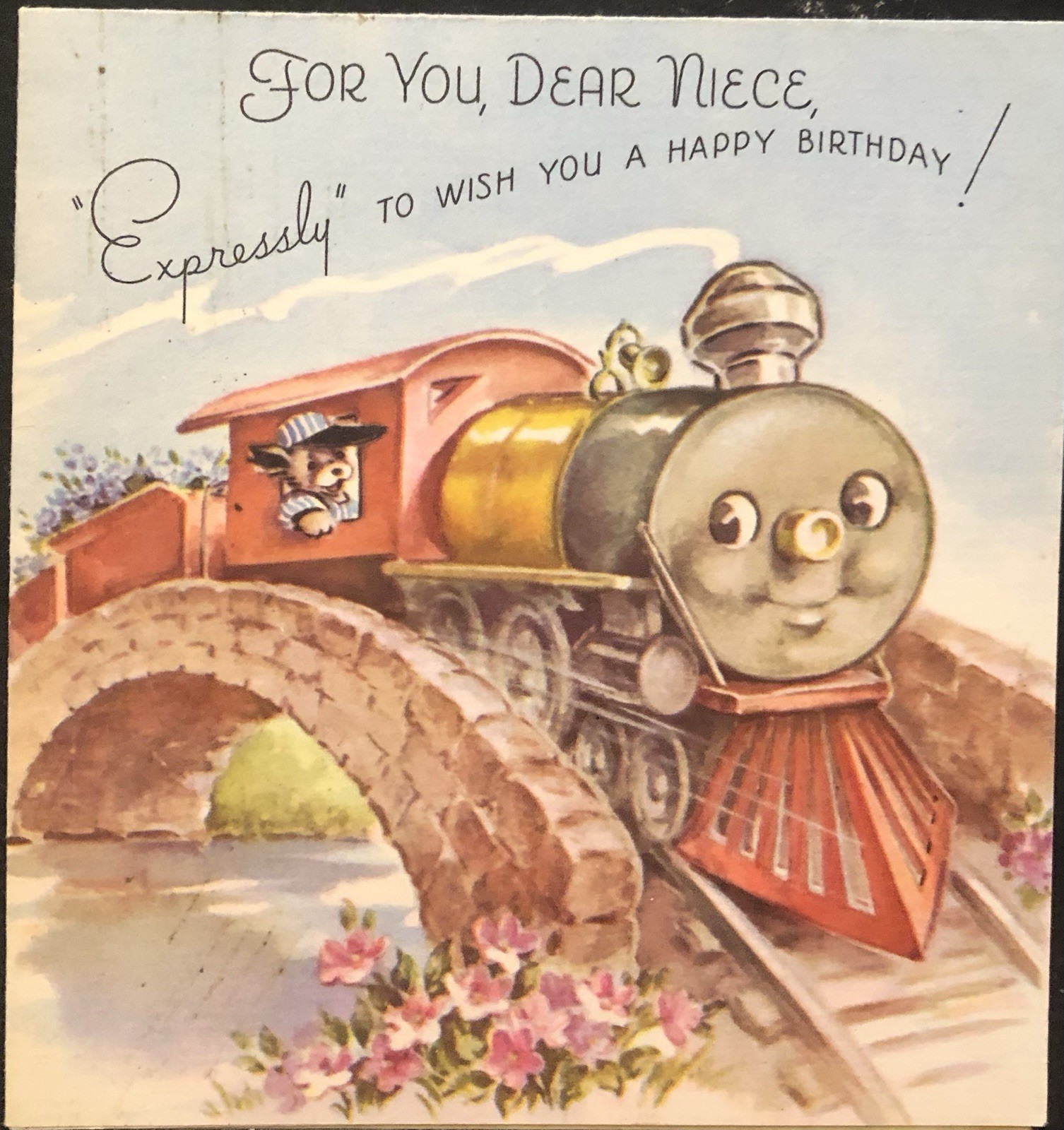 Vtg Birthday Greeting Card Anthropomorphic Train Puppy Dog Conductor To Niece