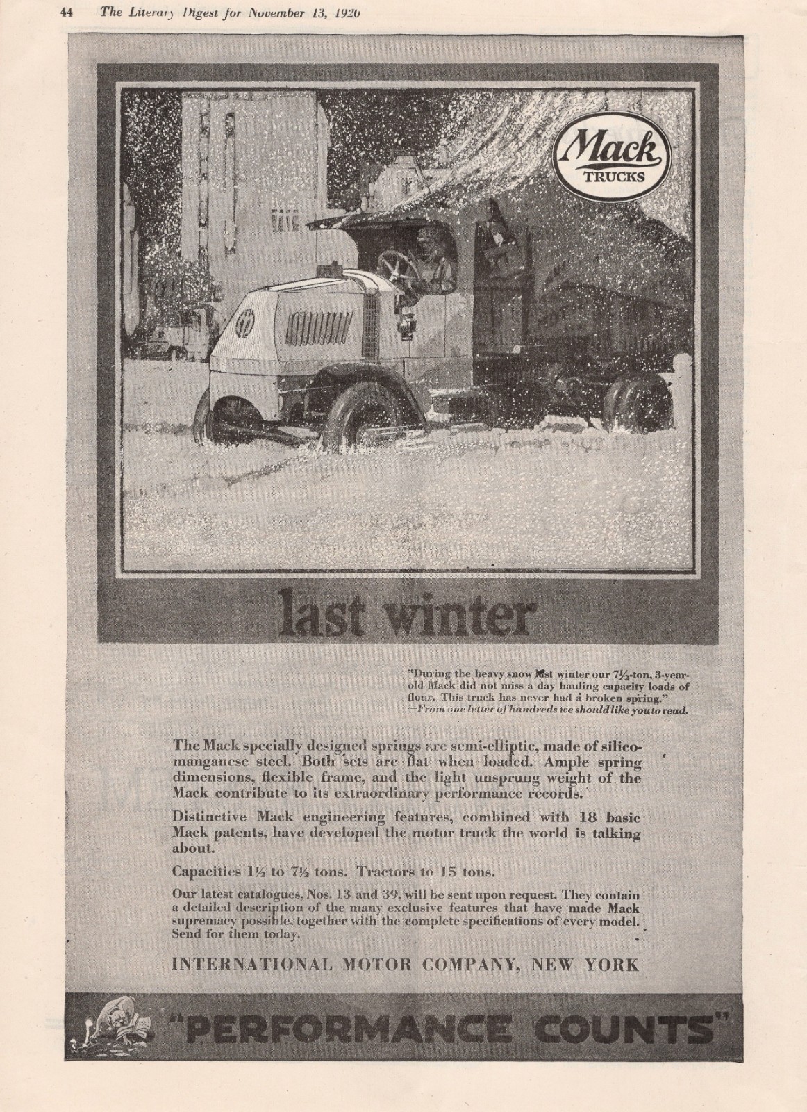 1920 Mack Trucks International Motor Co New York Performance Counts Antique Ad