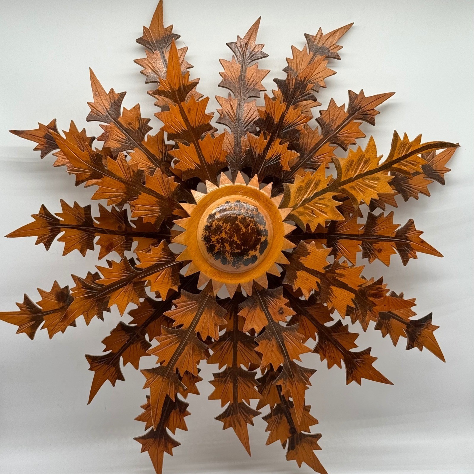 Vintage Polish Folk Art Carved Wood Sunflower Sunburst Wall Sculpture 24