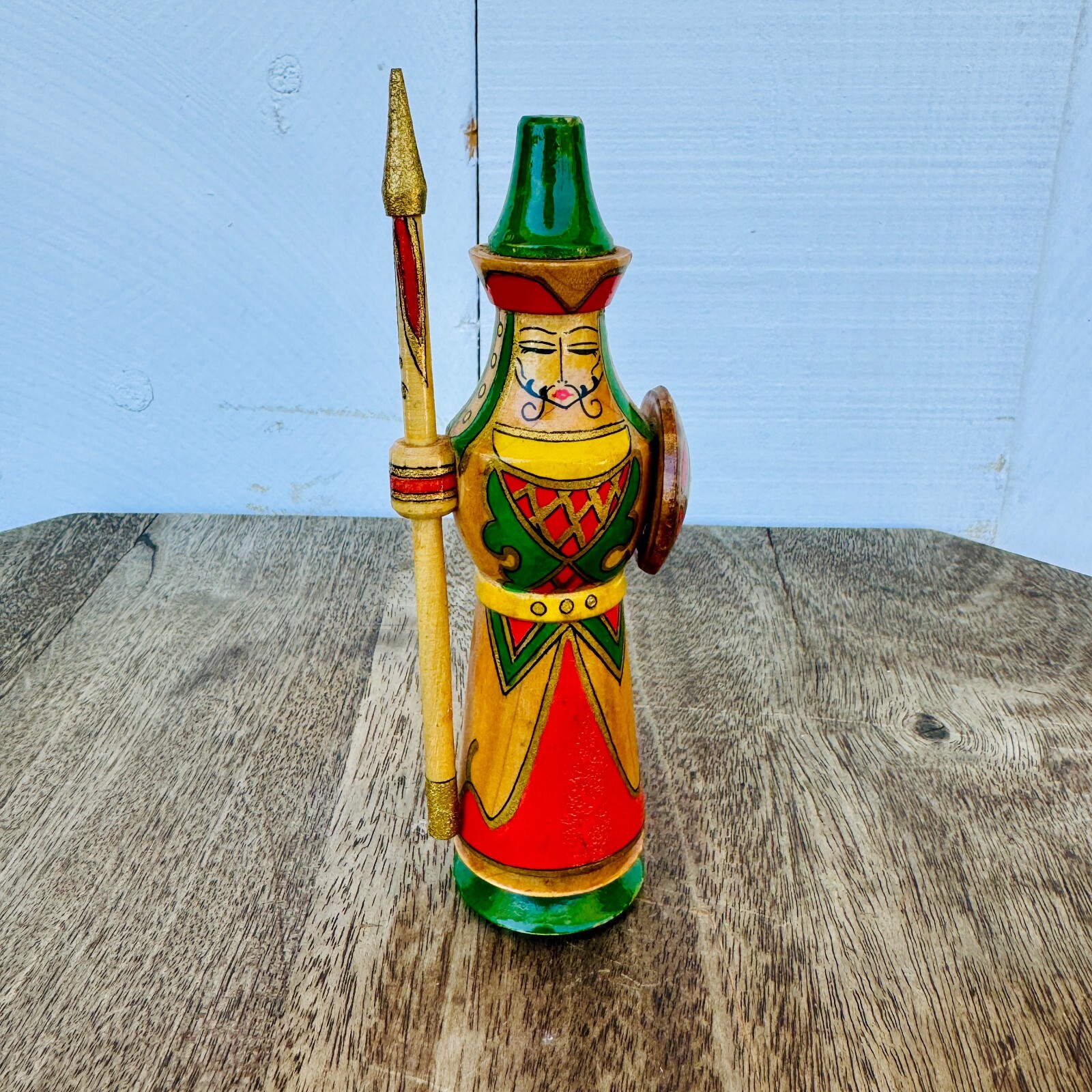 VTG Wooden Russian Asian Soldier Figure with Shield and Spear Hand Painted 6\