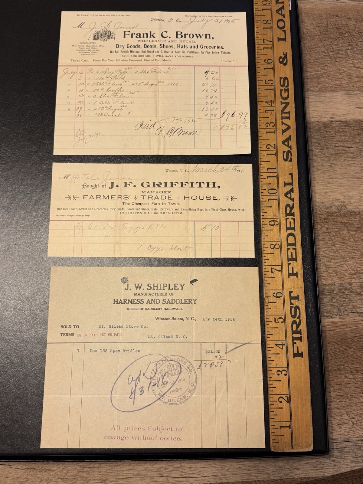 3 Dry Goods Letterheads Winston-Salem 1895 1916 Farmers Dry Goods Shipley Brown