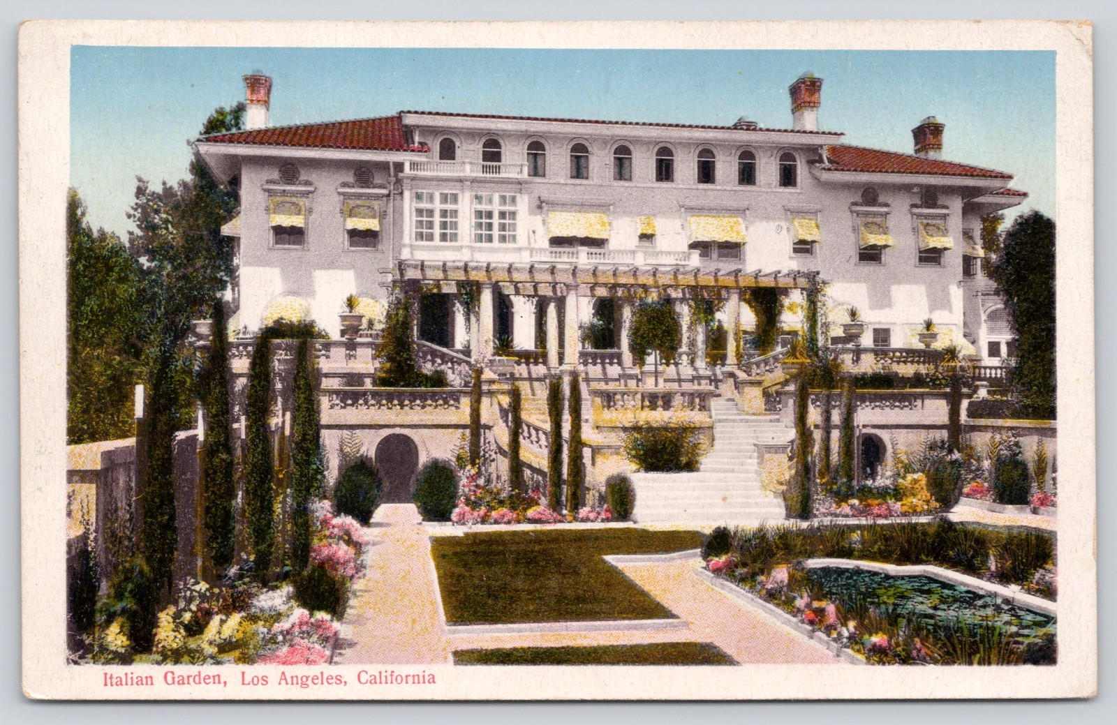 California Mansion Italian Garden, Los Angeles CA Postcard 1922, S.H. Kress Pub.