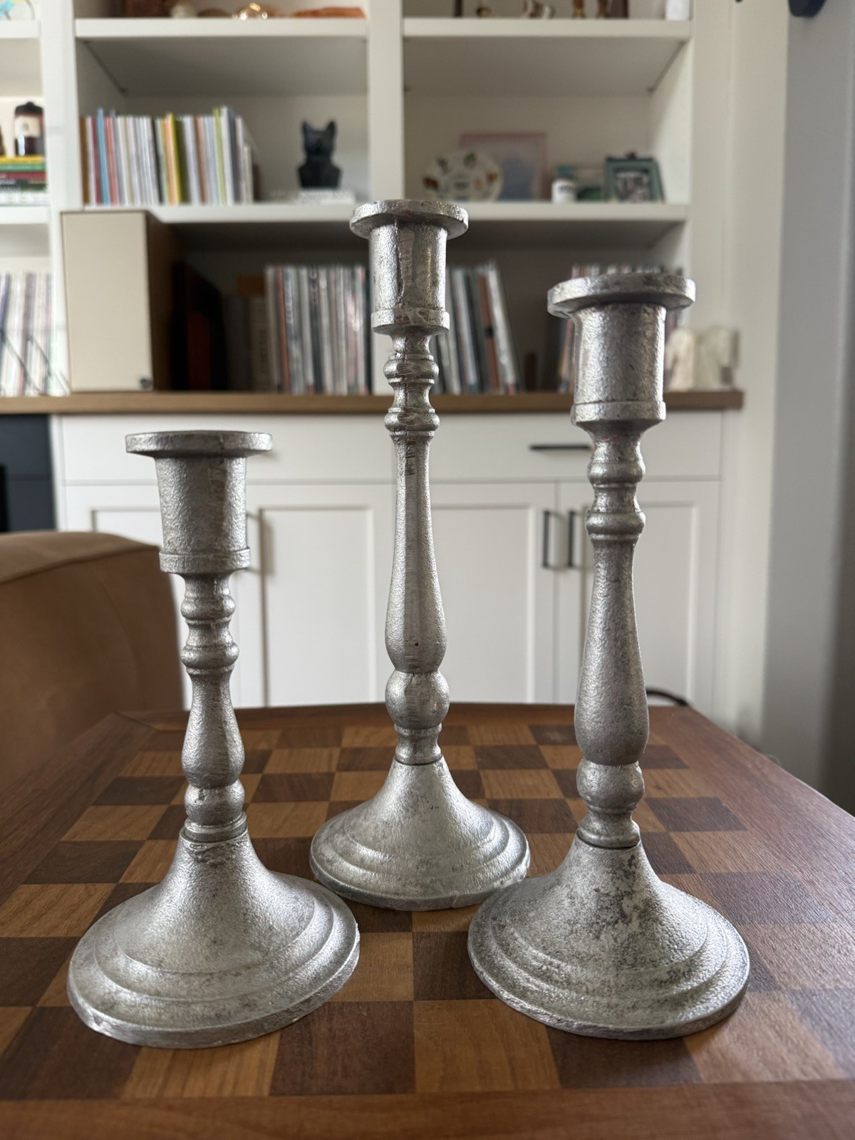 Vintage Set of 3 Silver Pewter Colonial Baluster Candlestick Candle Holders MCM