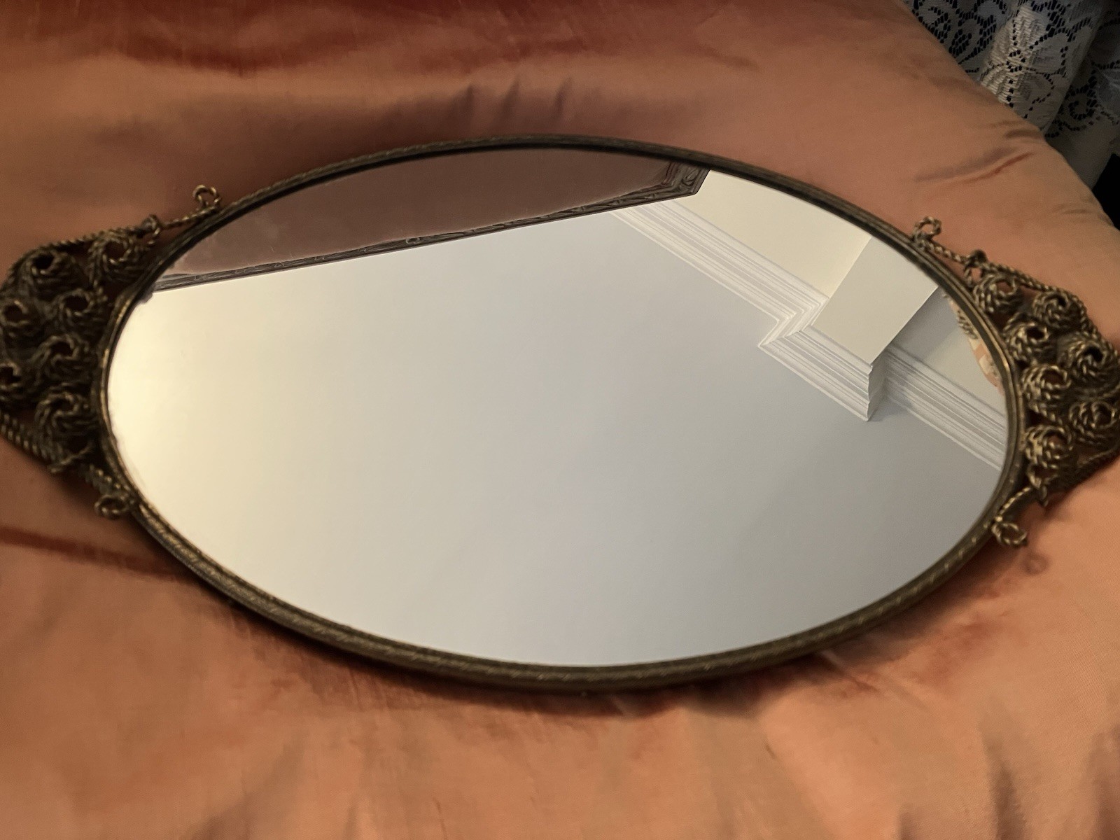 VTG Matson Signed Gold Gilt Ormolu Oval Mirror Tray 16\