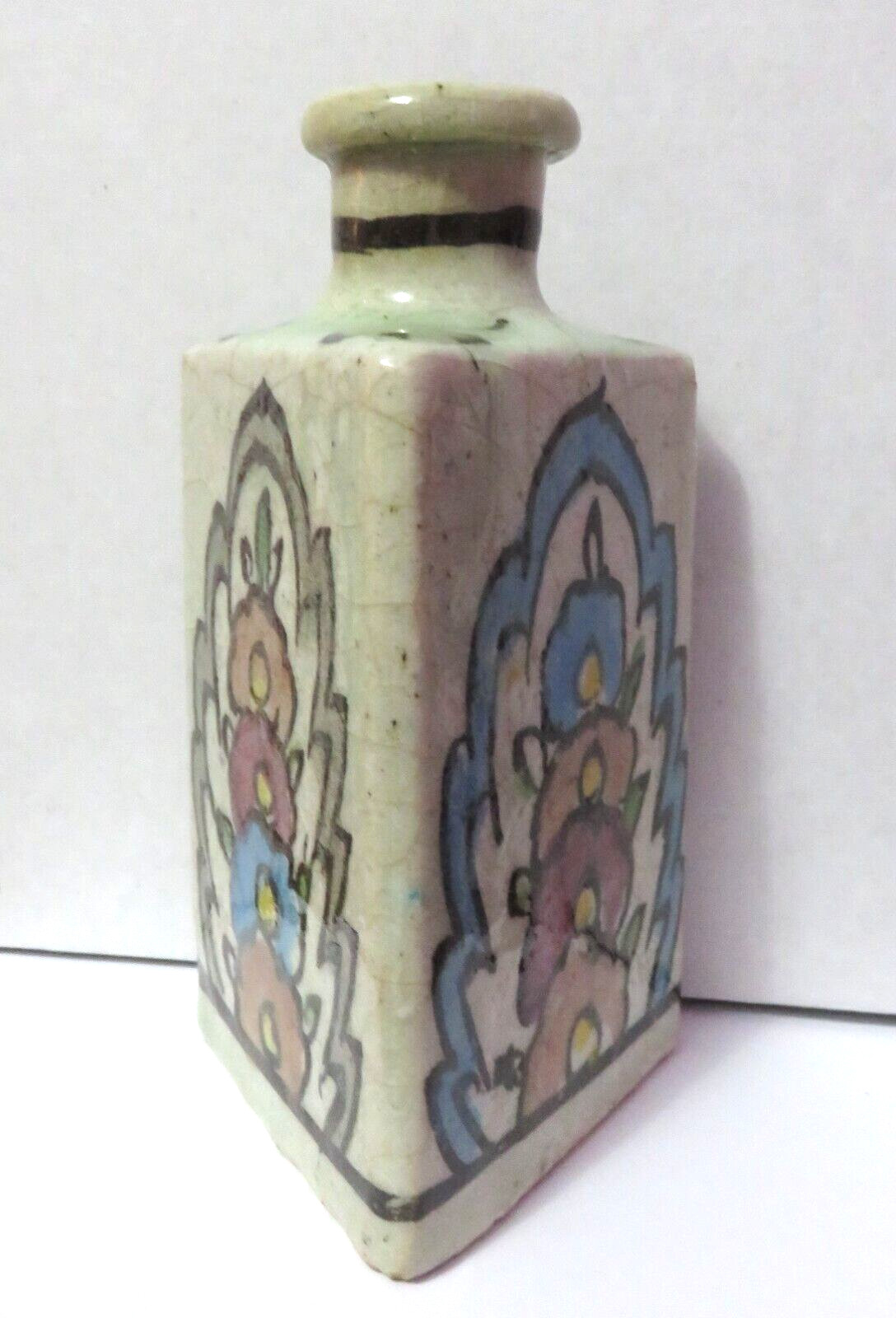 ANTIQUE HANDPAINTED STONEWARE TRIANGLE SHAPED BOTTLE