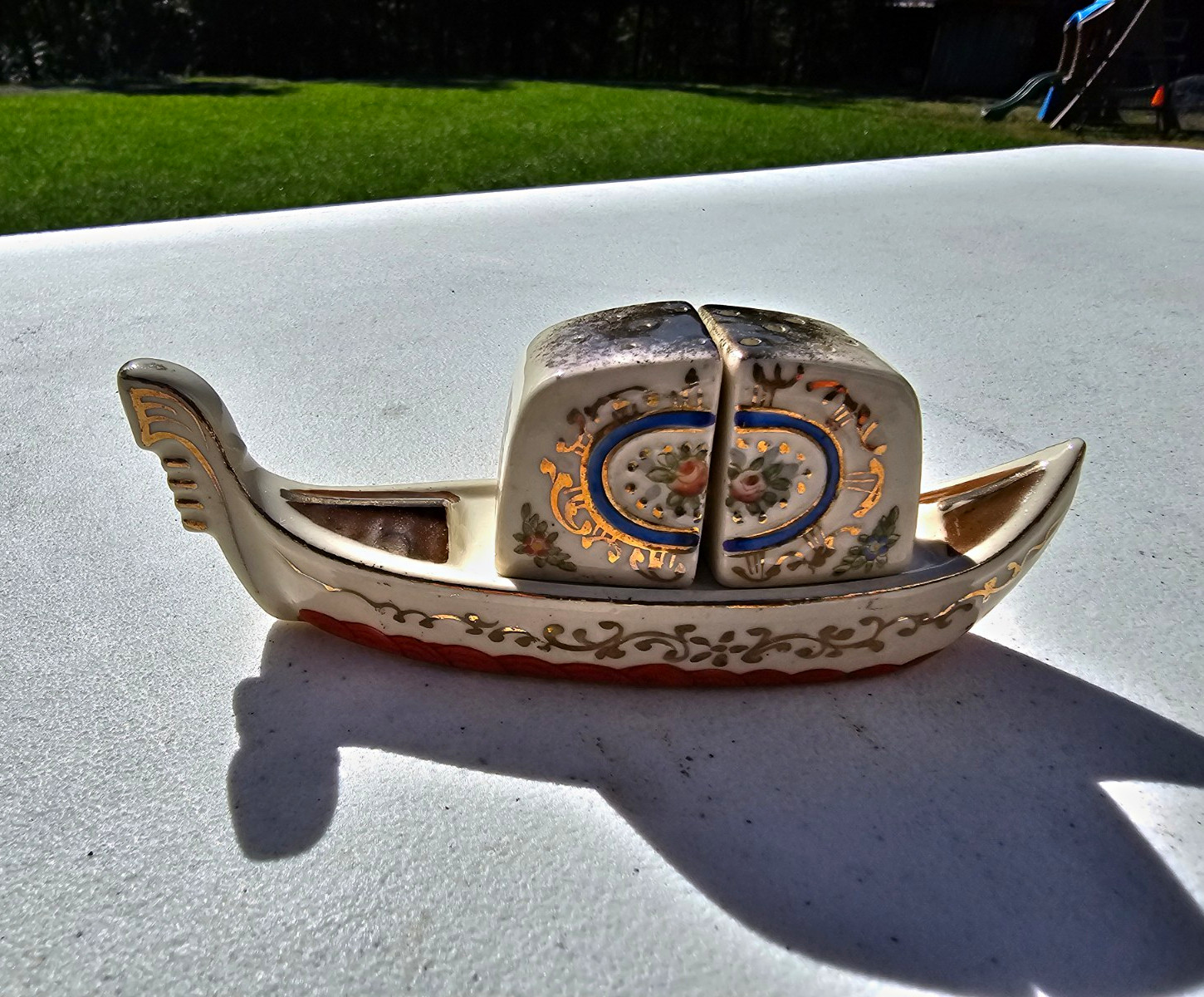 Occupied Japan Ceramic Hand Painted Floral Boat Salt & Pepper Shakers w Holder
