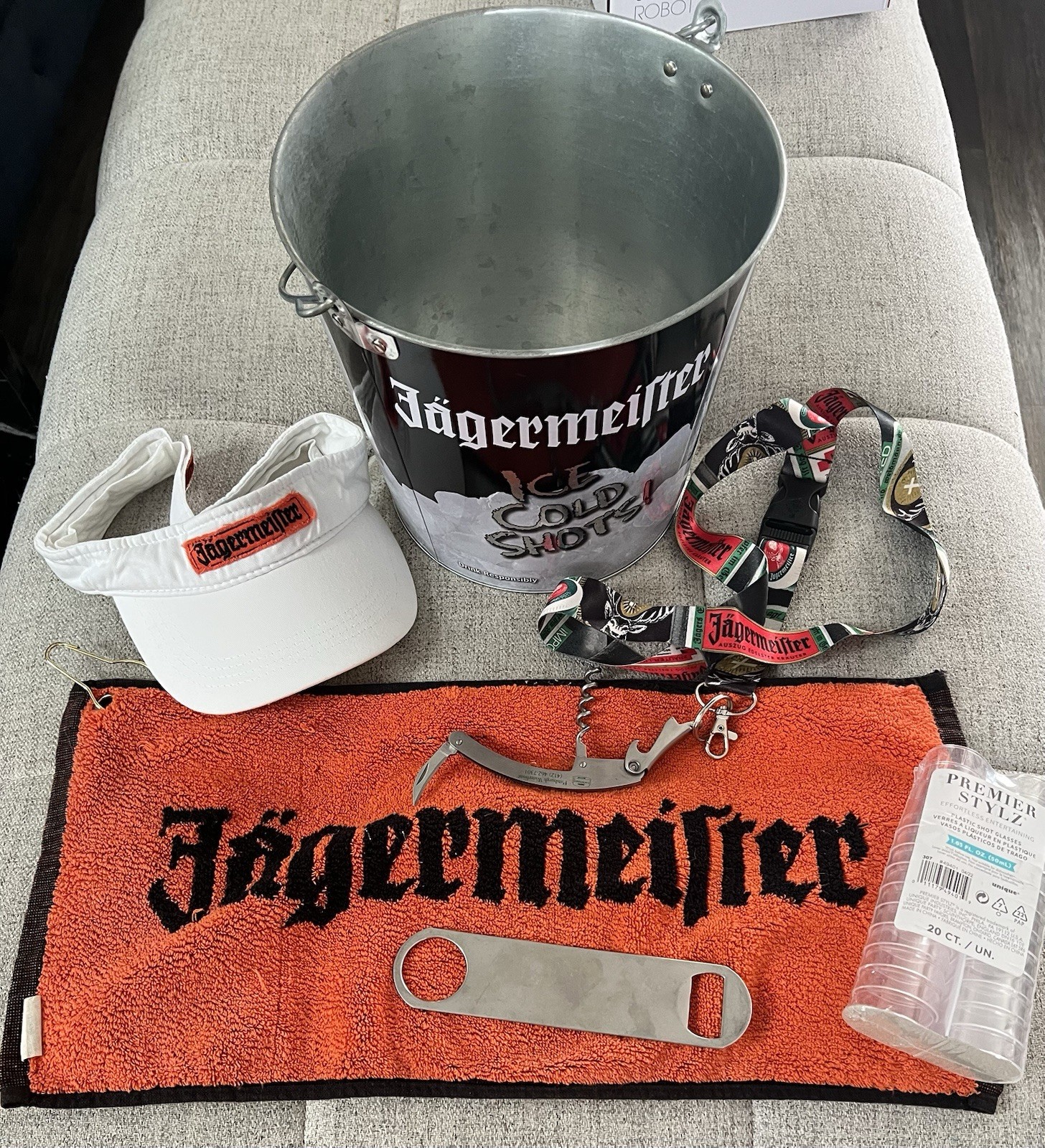 Jägermeister Bucket, Bar Towel, Lanyard, and XL Black Shirt, Visor Bottle Opener
