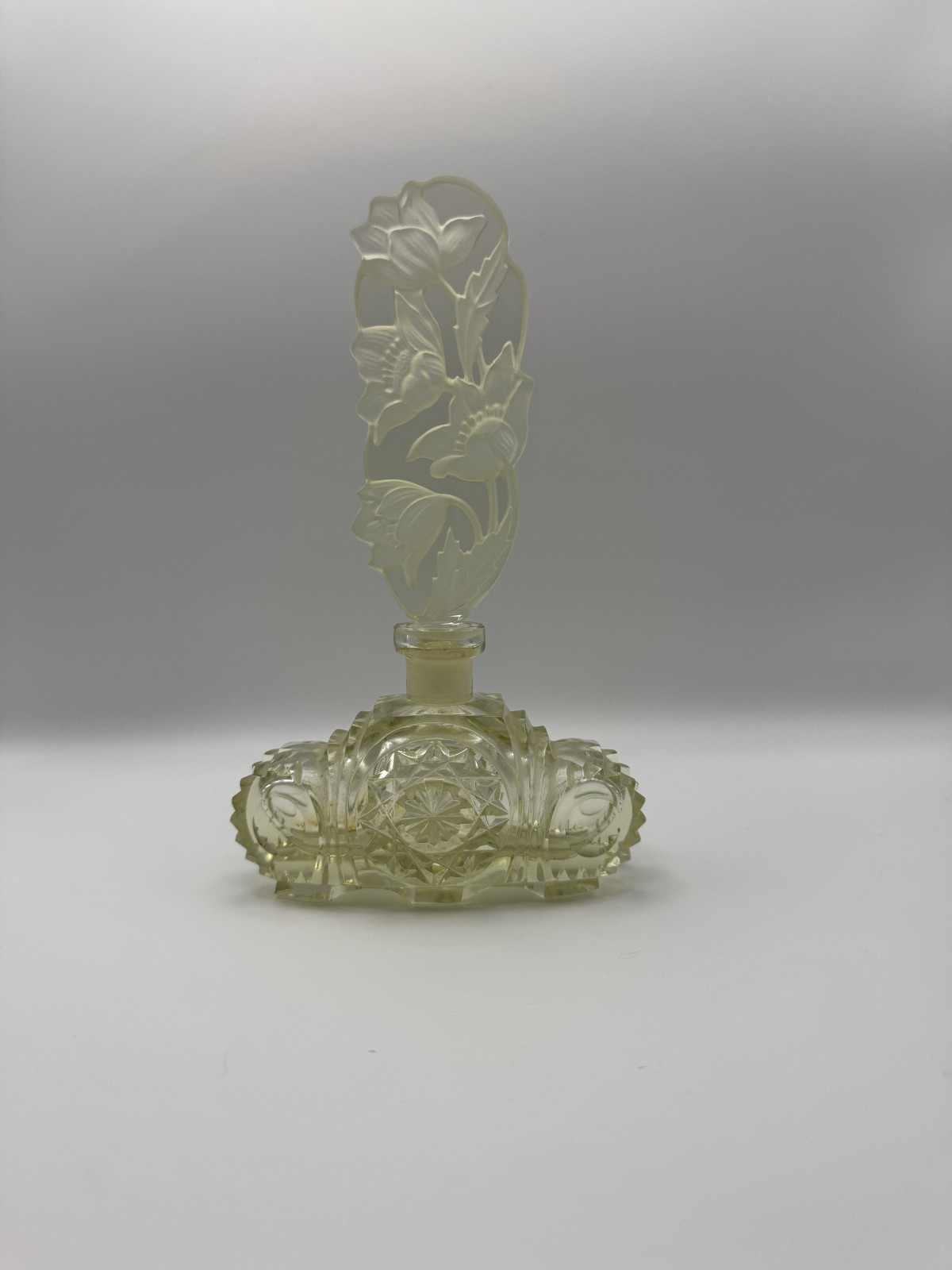 Vintage Cut Glass Perfume Bottle Tall Frosted Floral Stopper Art Deco Style 9”