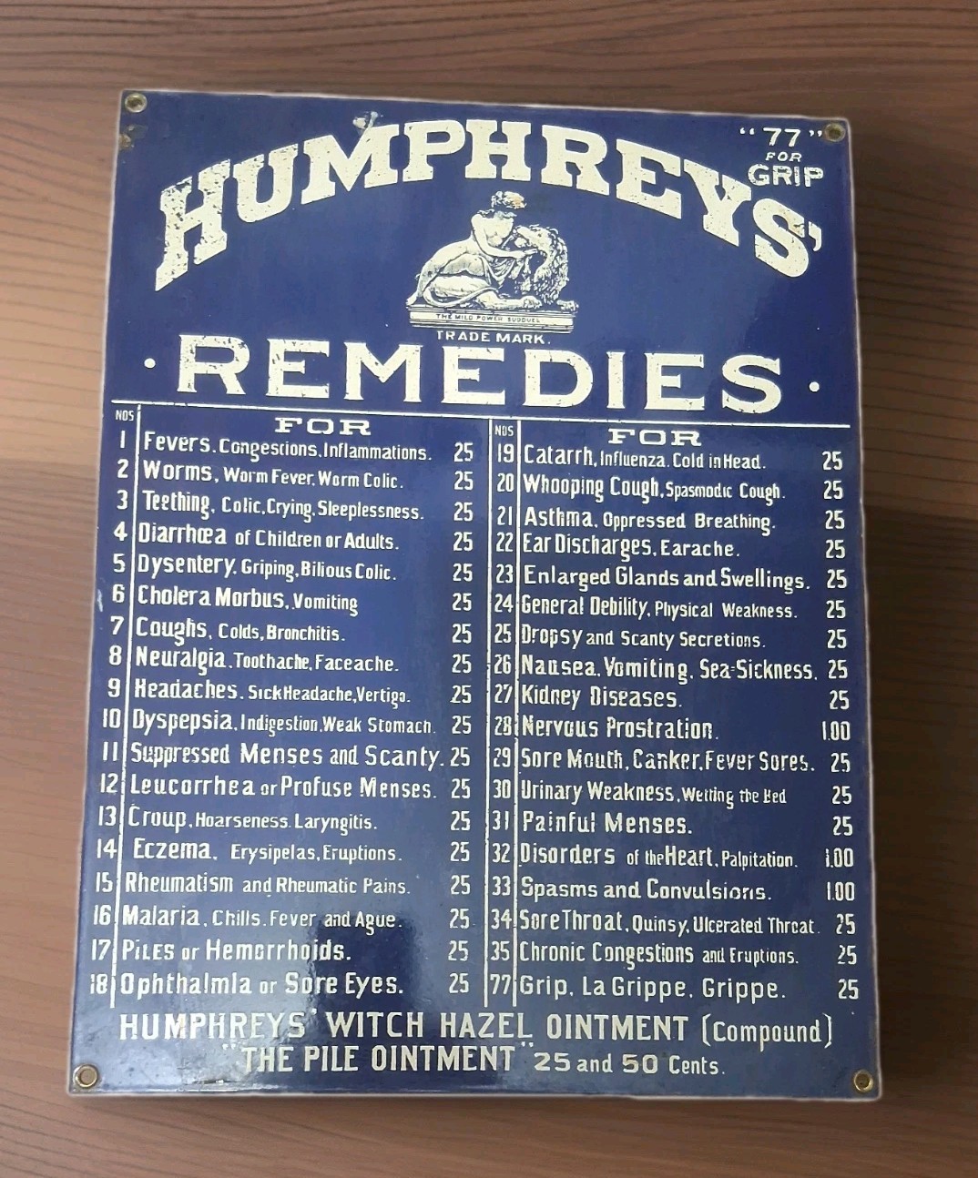 Vintage Andy Rooney Humphreys\' Remedies Porcelain Sign 12in. × 17in.