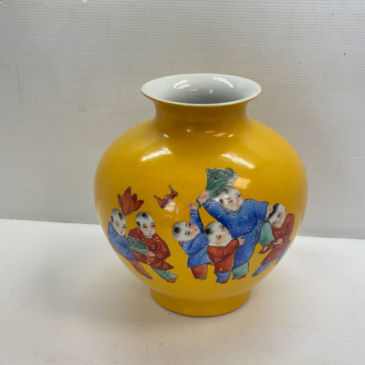 Chinese Yellow Porcelain Vase Children At Play Hand Painted Calligraphy 11”