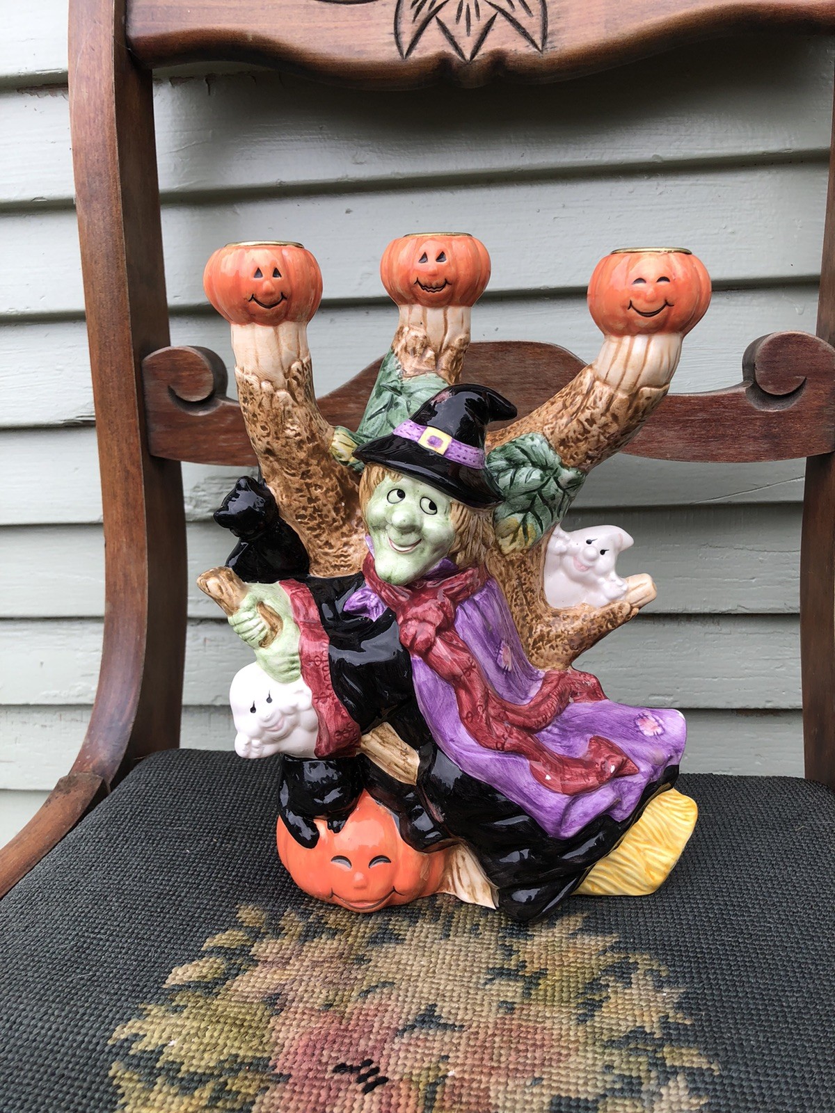 VTG 1995 Fitz And Floyd Omnibus Halloween Witch Pumpkins Candelabra Ceramic VTG 1995 Fitz And Floyd Omnibus Halloween Witch Pumpkins Candelabra Ceramic