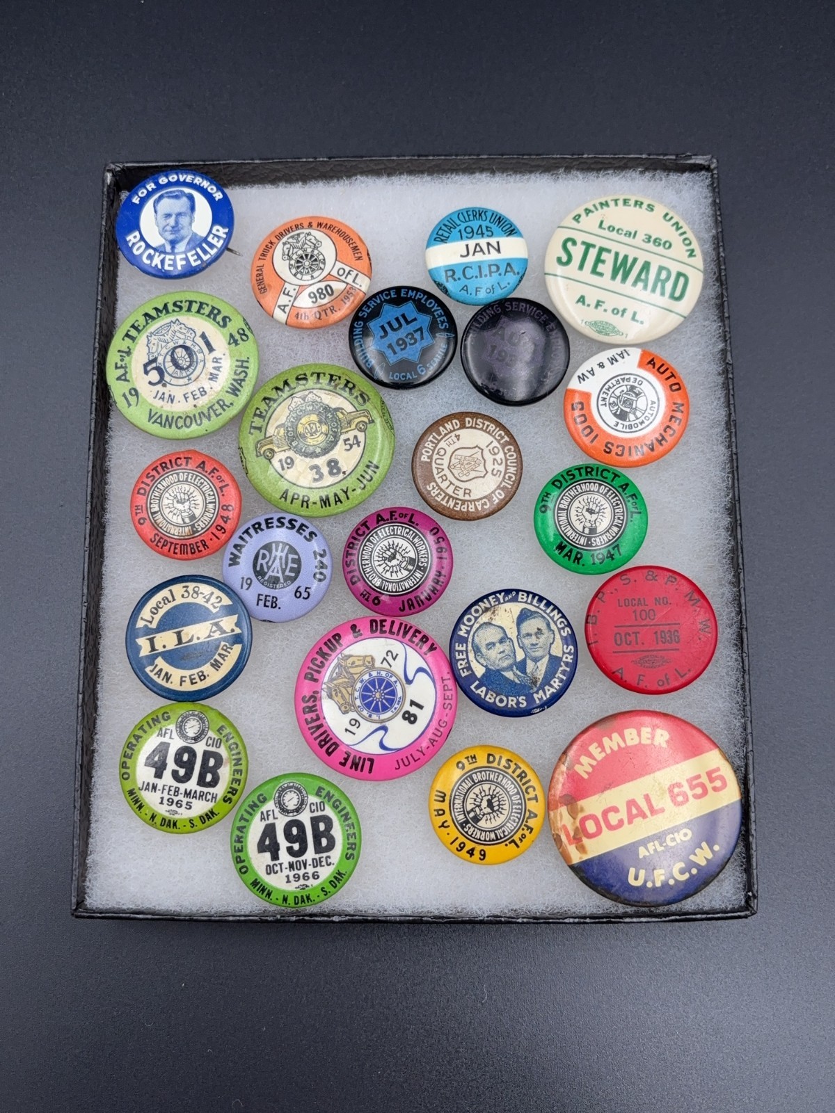 Vintage Labor Union Membership Pinback Button Collection, 22pc