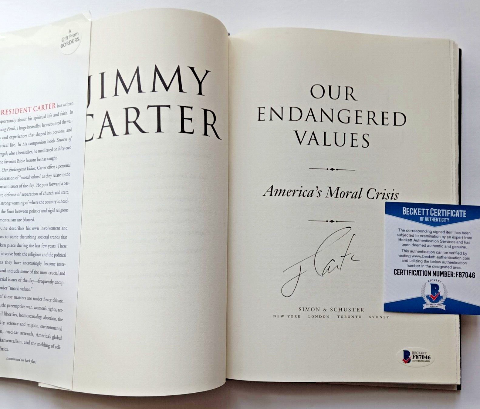 BECKETT Authenticated signed Jimmy Carter book - OUR ENDANGERED VALUES