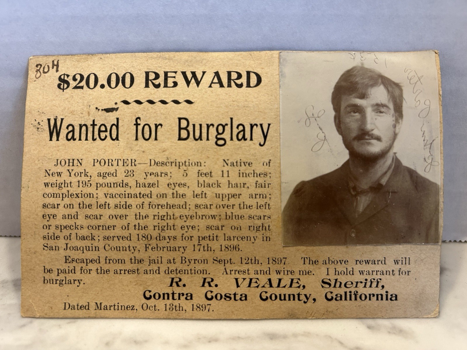 1897 California WANTED Reward Card John Porter Jail Escape Original Photo RARE