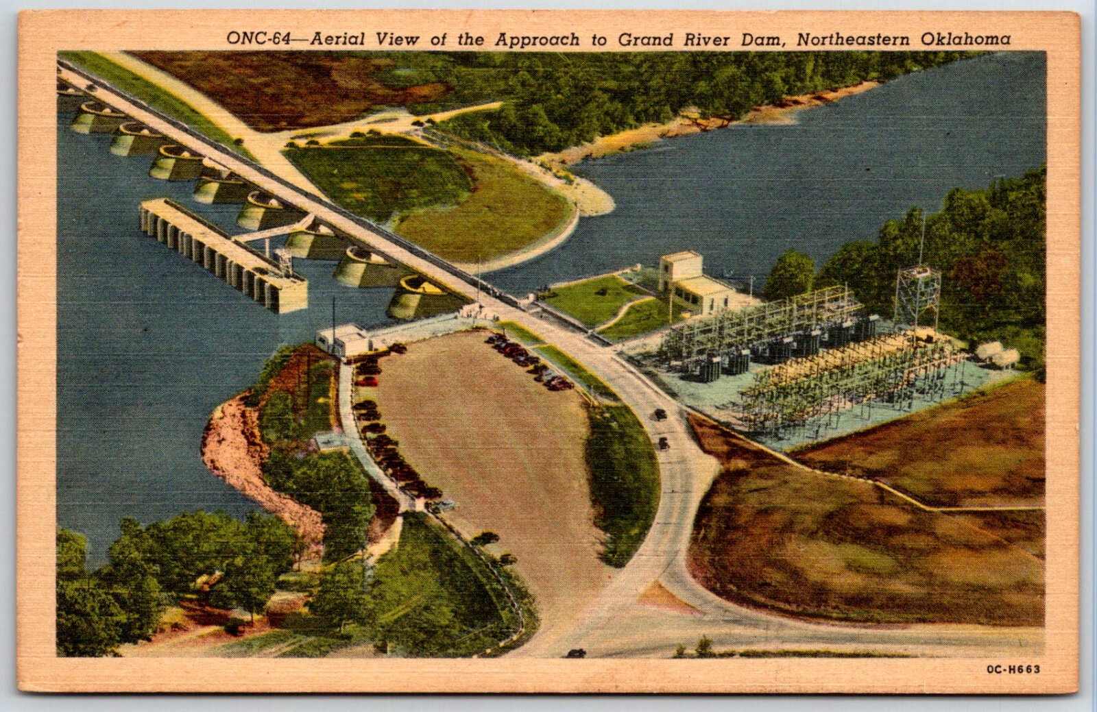 Postcard Aerial View of Approach to Grand River Dam, NE Oklahoma linen UNP Postcard Aerial View of Approach to Grand River Dam, NE Oklahoma linen UNP