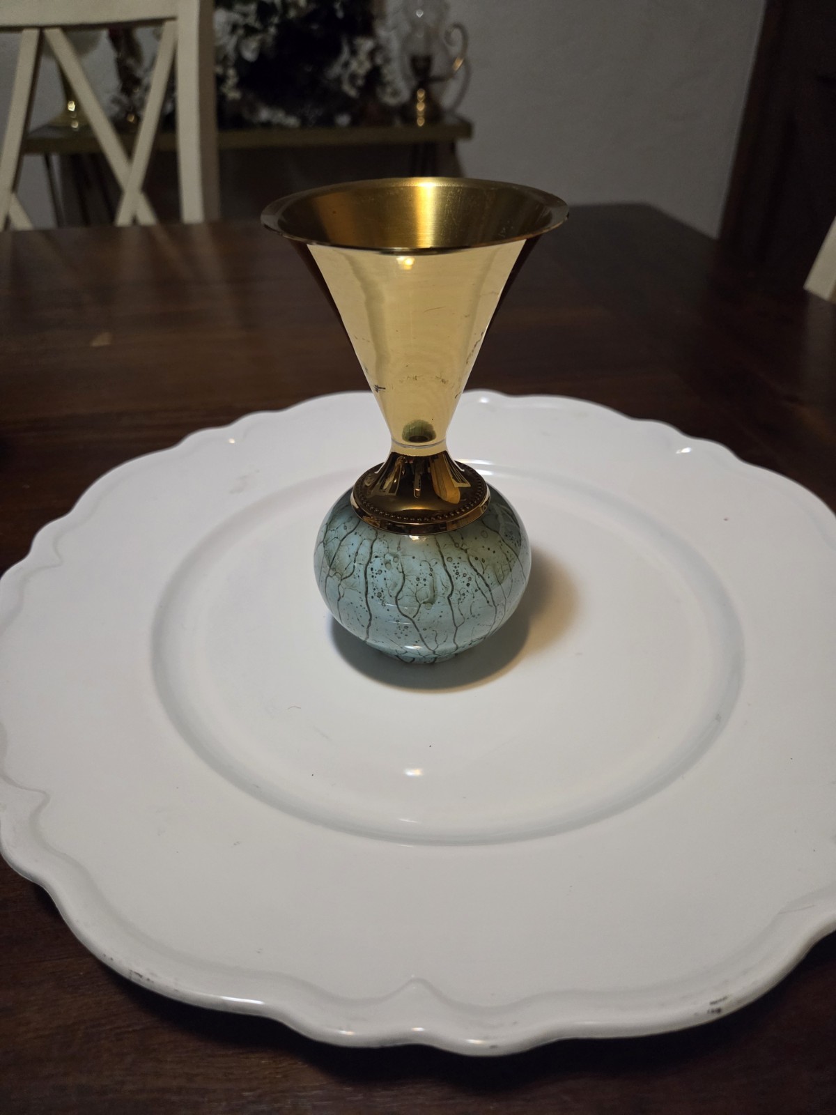 vintage Delft Holland bud vase featuring a brass top