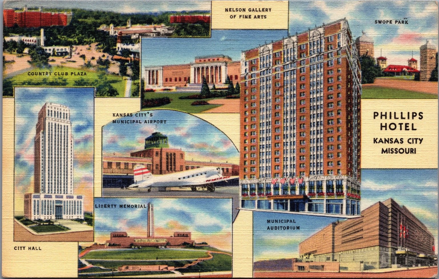 Vintage 1950 Kansas City MO Phillips Hotel Linen Postcard Collage Vintage 1950 Kansas City MO Phillips Hotel Linen Postcard Collage