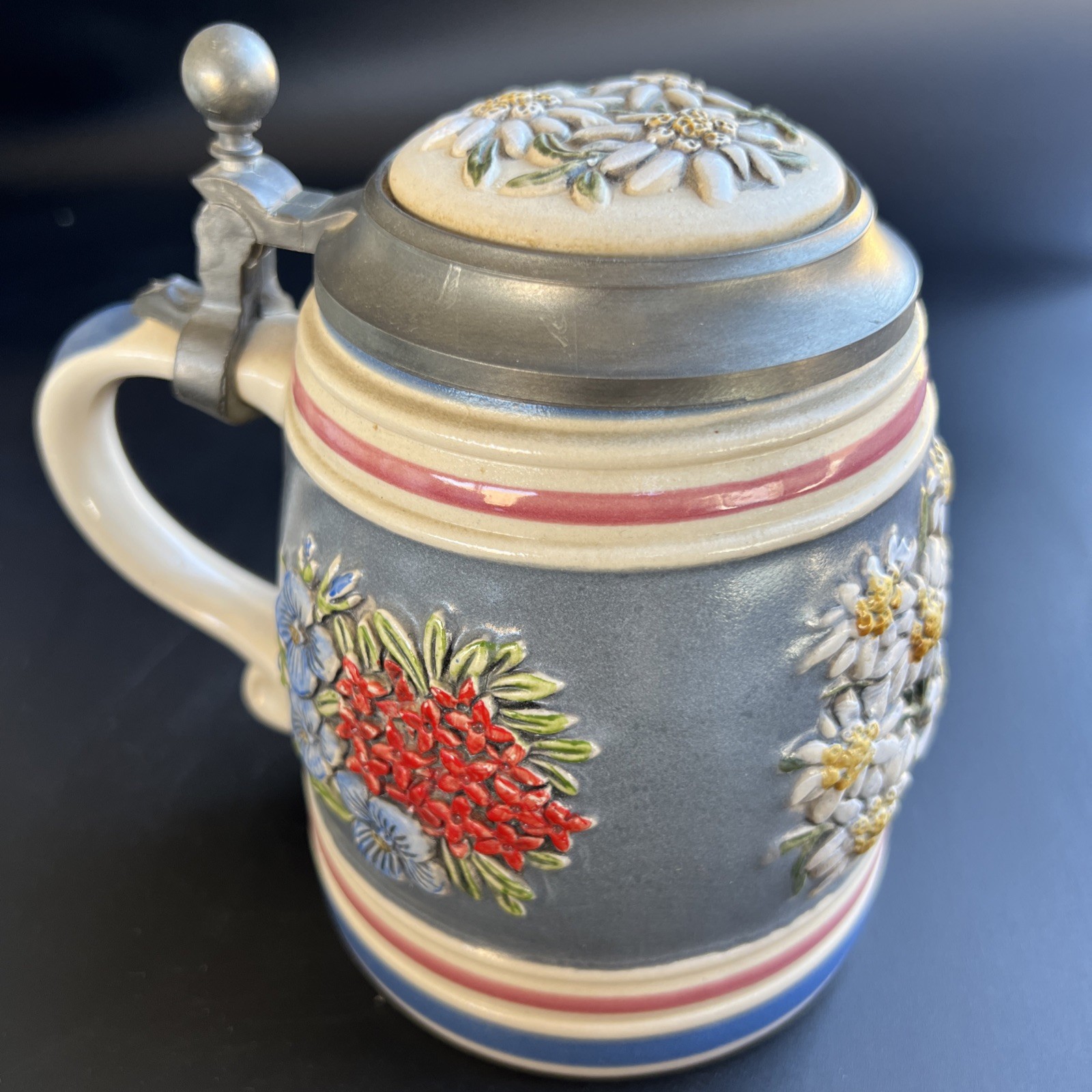 Vintage 1990 Gerz West Germany Lidded Ceramic Beer Stein Edelweiss Flowers