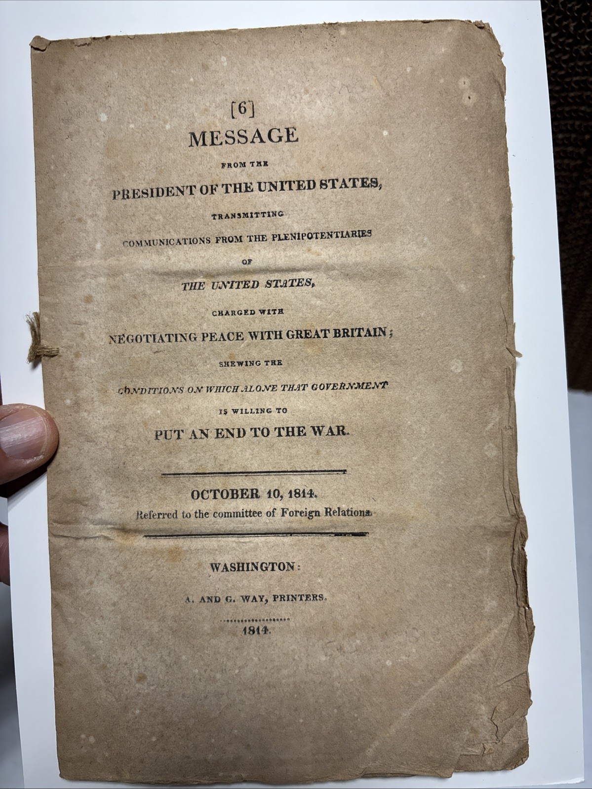 US Government Doc. War of 1812 Negotiating Peace with Britain Washington 1814