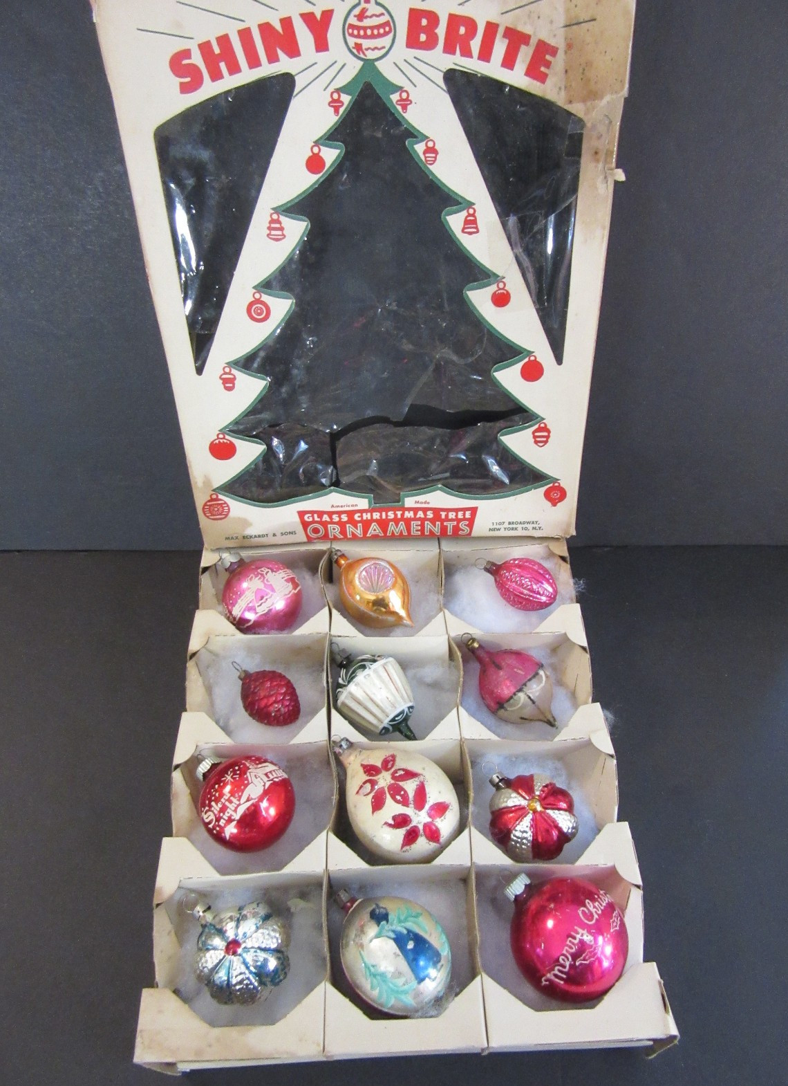 Christmas vtg Fancy Shape Glass Ornaments Poland Shiny Brite stencil mix lot box