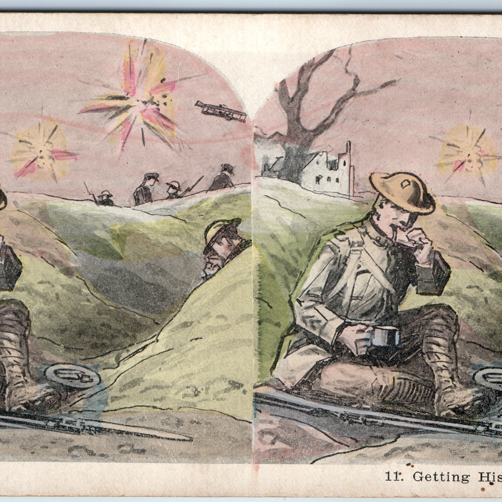 c1910s WWI Soldier Trench Eat Ration Airplane Shell Artistic Stereoview Army V46
