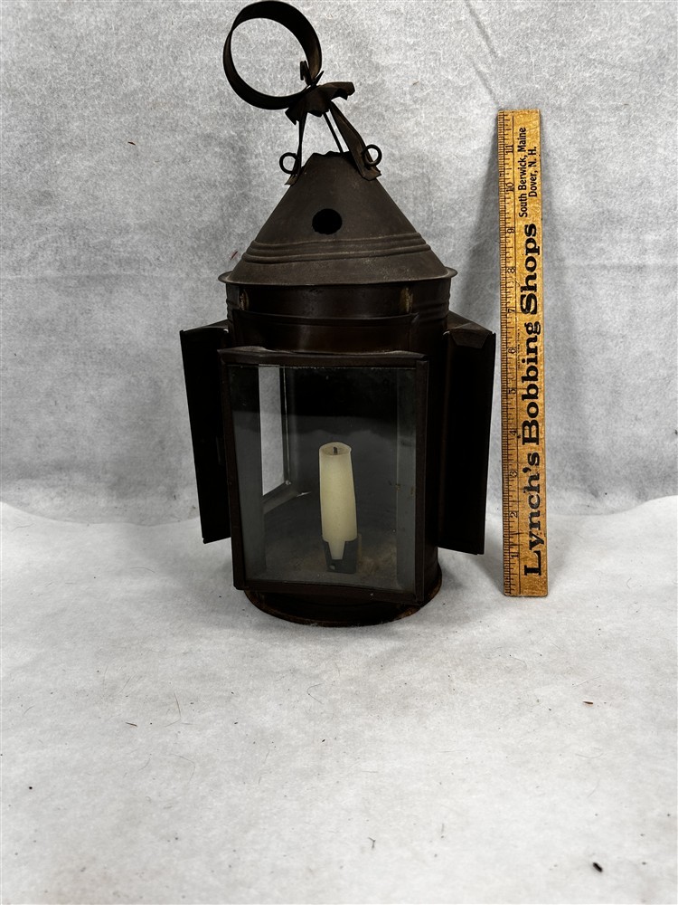 antique tin candle lantern lamp unusual 3 sides w/glass original 19thc 