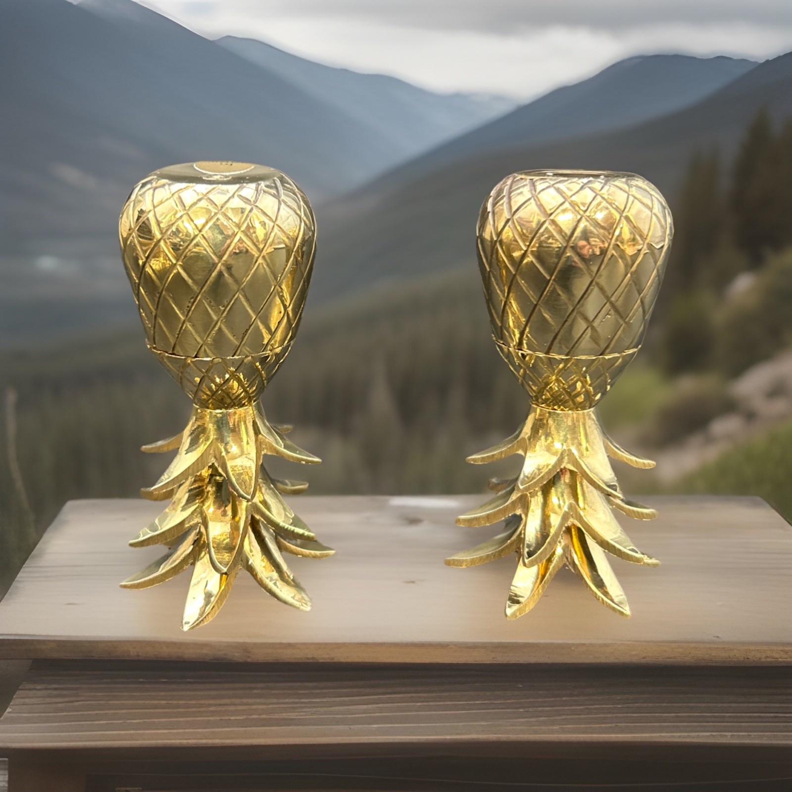 Pair Vintage Brass Pineapple Candleholders Hollywood Regency Style New Old Stock