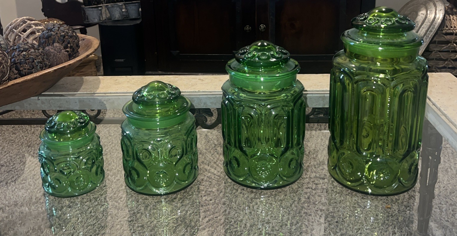 Vintage L.E. Smith Moon and Stars Green Glass Set of 4 Kitchen Canister READ