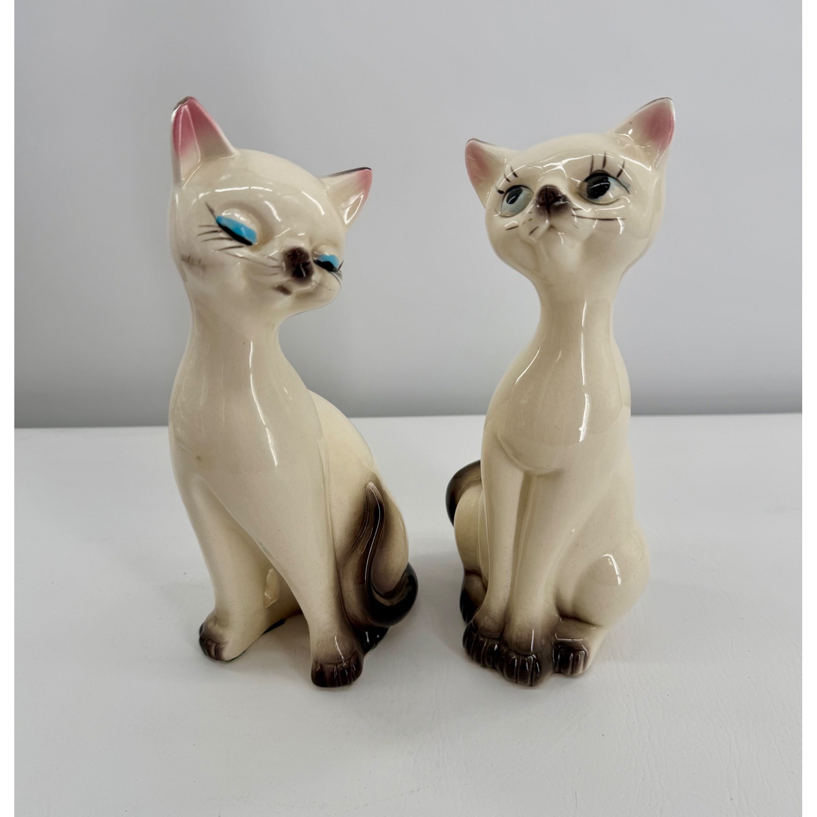 Vintage Siamese Cat Figurines Set 2 Cream Brown MCM Ceramic Statues Japan 10\