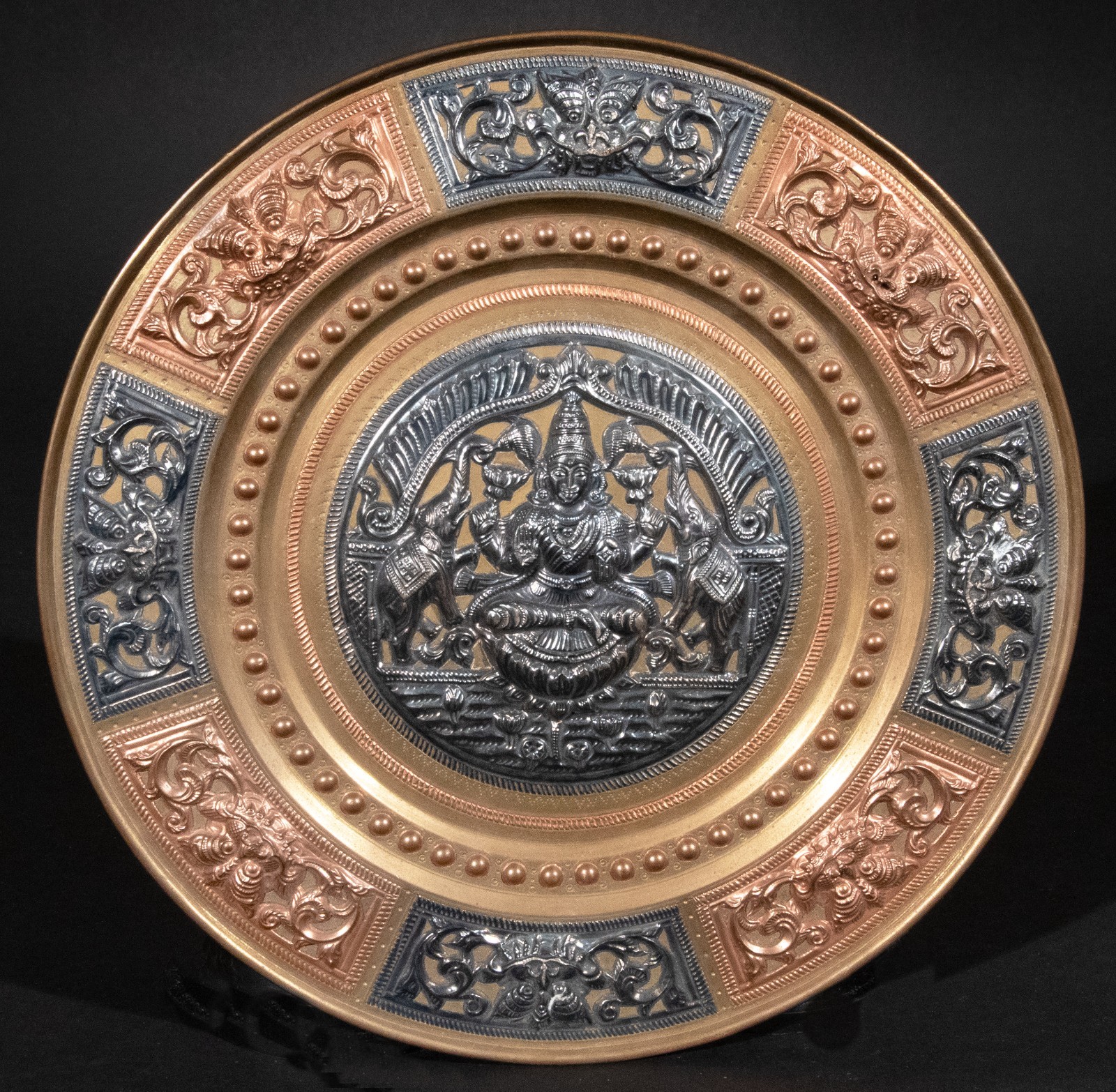 Tanjore Wall Plate Hindu Goddess Lakshmi w/ Elephants Brass Copper Silver 10\ Tanjore Wall Plate Hindu Goddess Lakshmi w/ Elephants Brass Copper Silver 10\