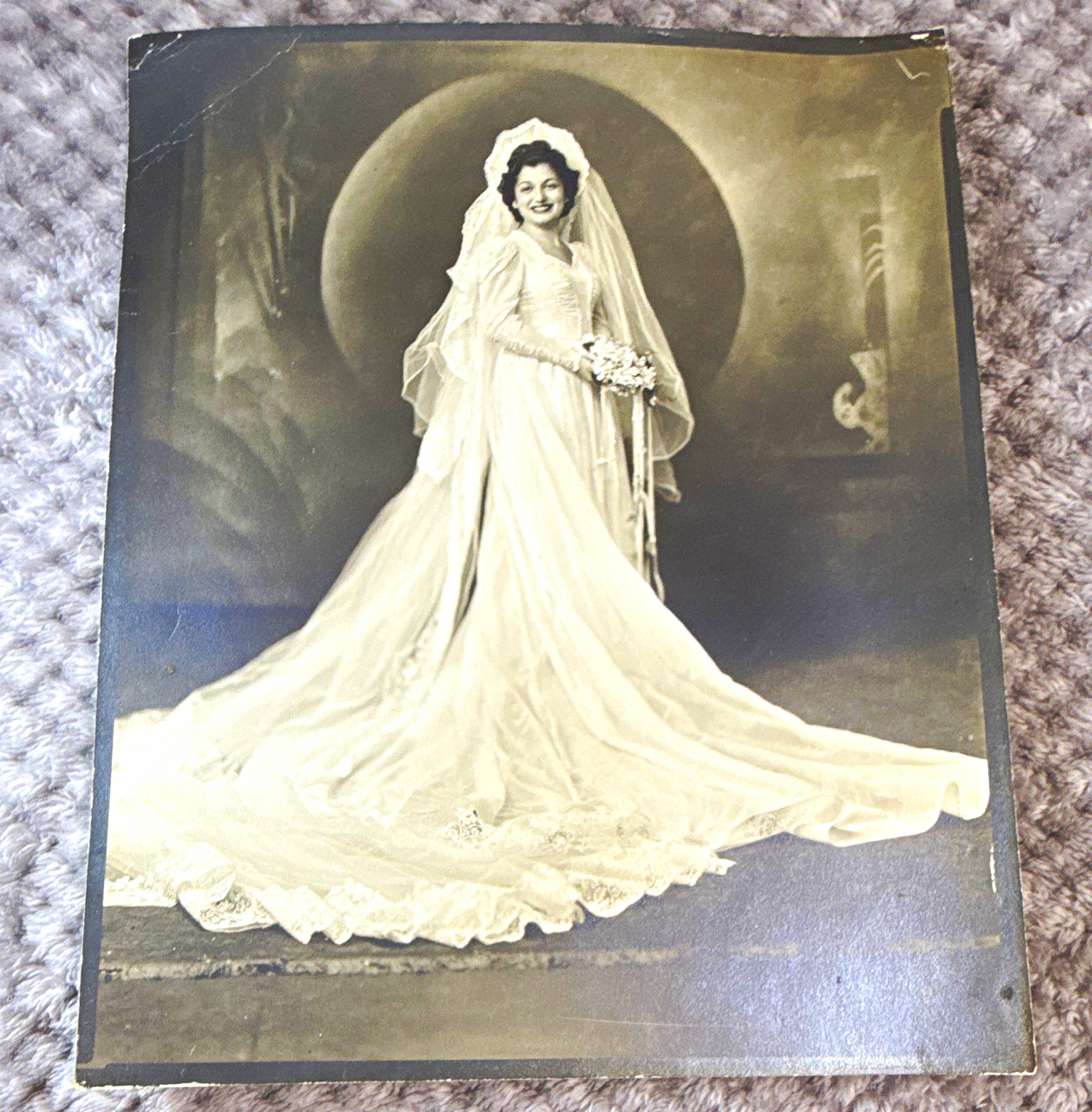 VTG Black & White Wedding Portrait Photograph Bride in Long Gown & Veil 8x10